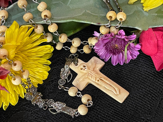 Santa Muerte Huesa Rosary with Bone Beads & Cross + Blessed + Sterling Silver Plated Chain + Handcrafted + Rosario