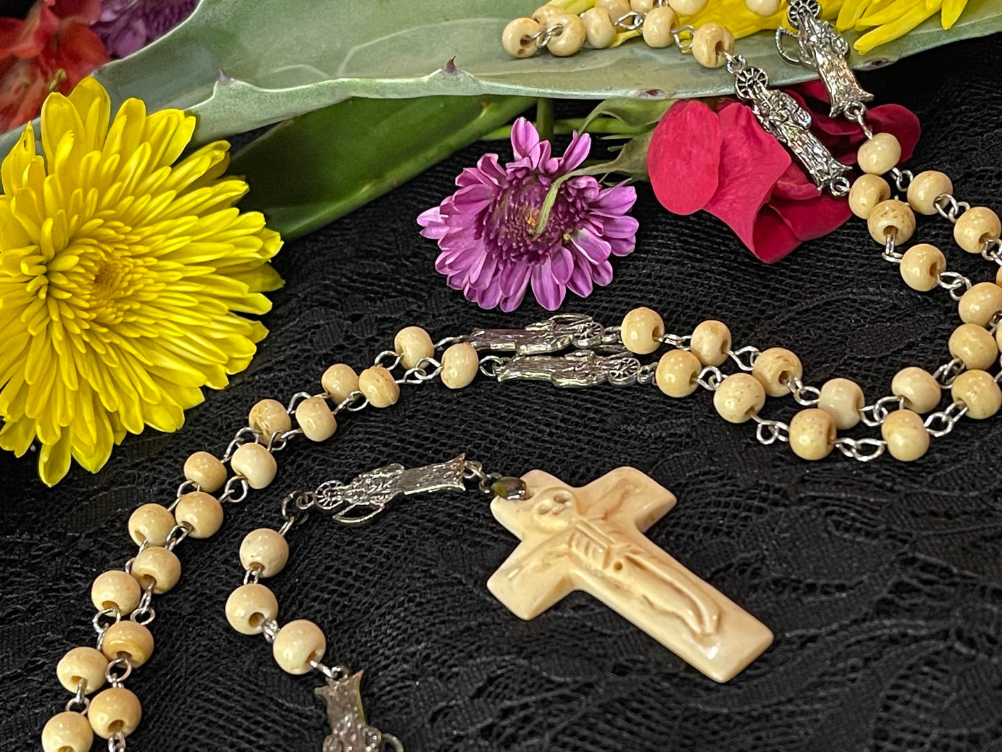 Santa Muerte Huesa Rosary with Bone Beads & Cross + Blessed + Sterling Silver Plated Chain + Handcrafted + Rosario