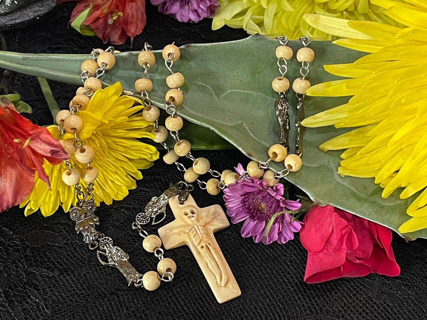 Santa Muerte Huesa Rosary with Bone Beads & Cross + Blessed + Sterling Silver Plated Chain + Handcrafted + Rosario