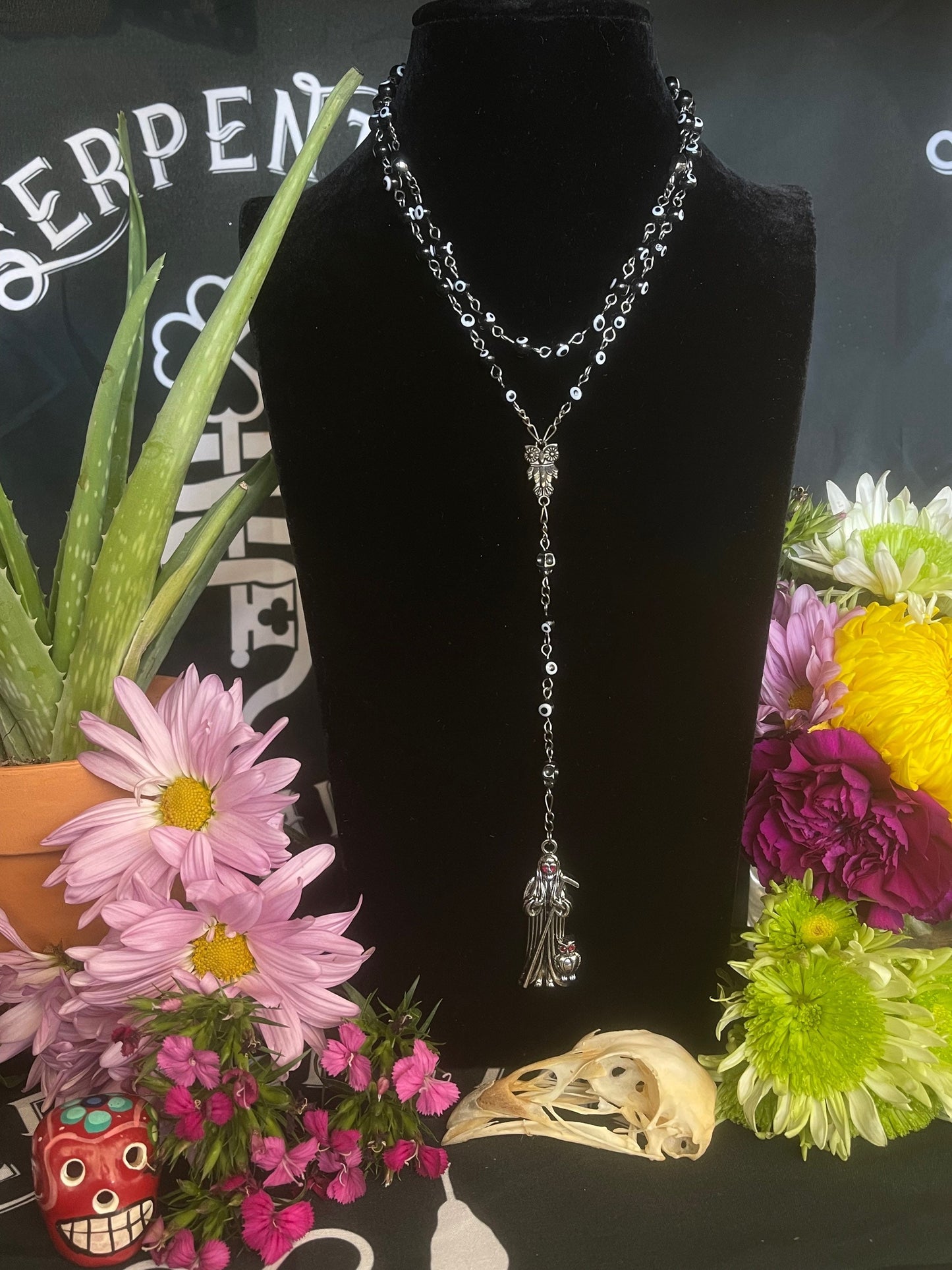 Santa Muerte Negra Evil Eye Rosary + Sterling Silver Plated Chain + Handcrafted + Rosario