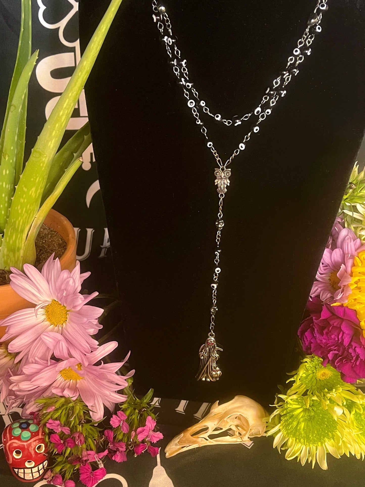Santa Muerte Negra Evil Eye Rosary + Sterling Silver Plated Chain + Handcrafted + Rosario