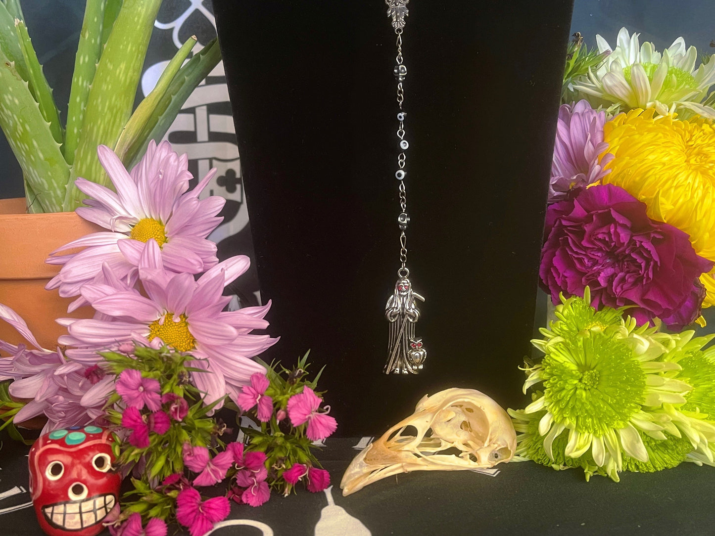 Santa Muerte Negra Evil Eye Rosary + Sterling Silver Plated Chain + Handcrafted + Rosario