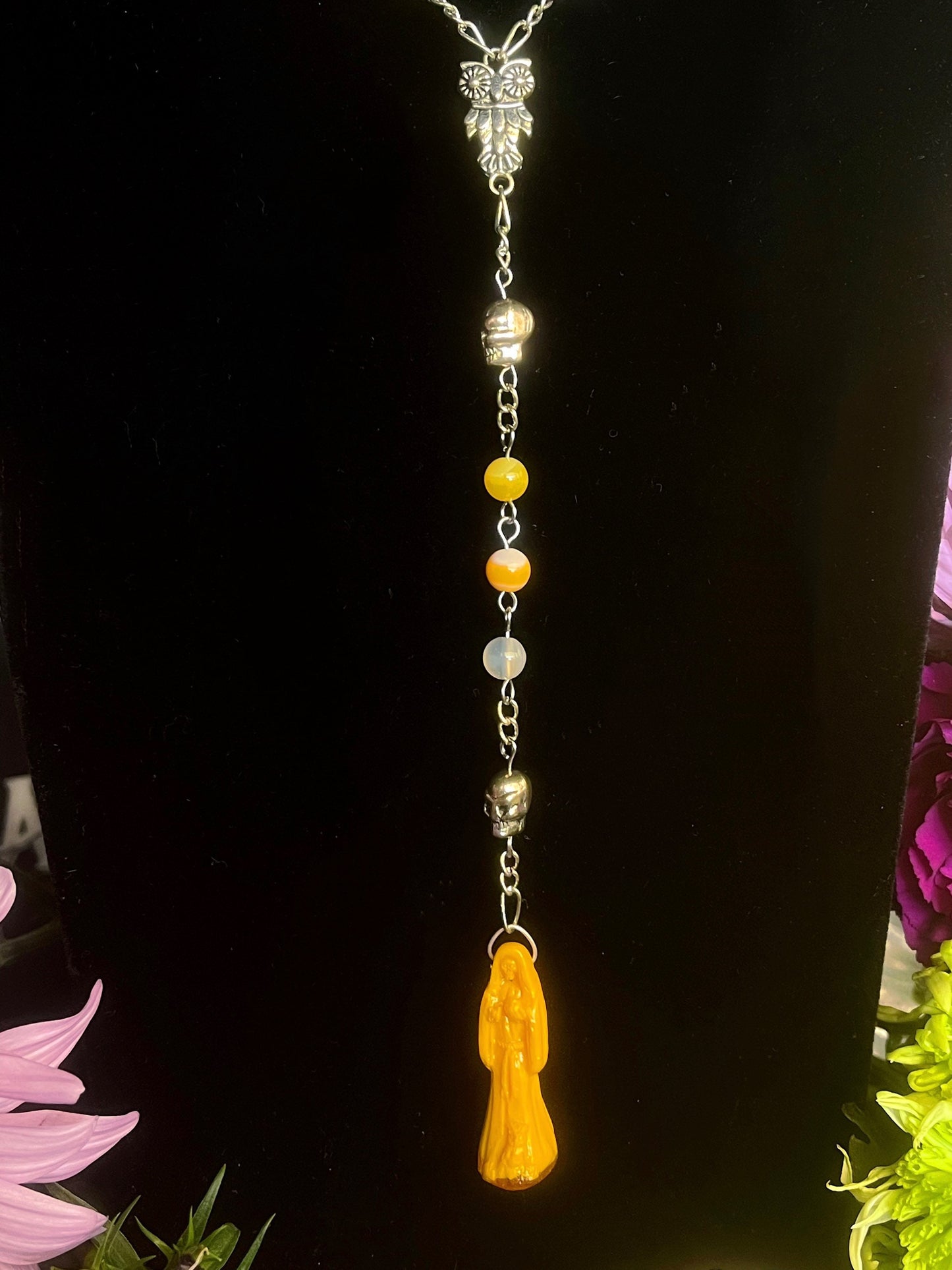 Santa Muerte Amarilla Rosary + Yellow Agate + Blessed + Handcrafted + Gemstone + Sterling Silver Plated Chain + Rosario