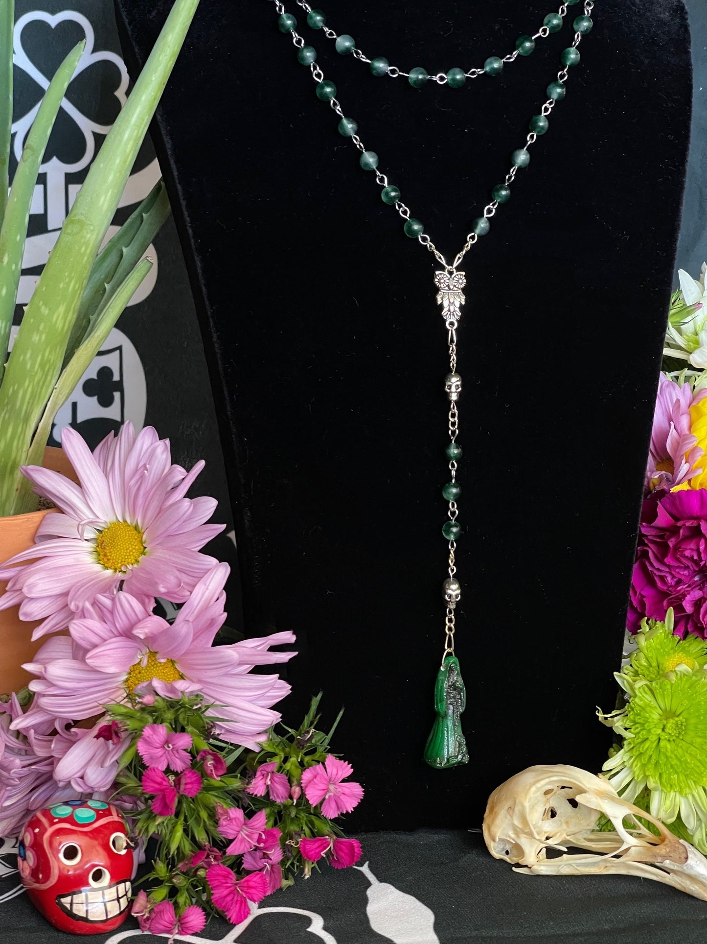 Santa Muerte Verde Rosary + Moss Agate + Blessed + Sterling Silver Plated Chain + Handcrafted + Gemstone + Rosario