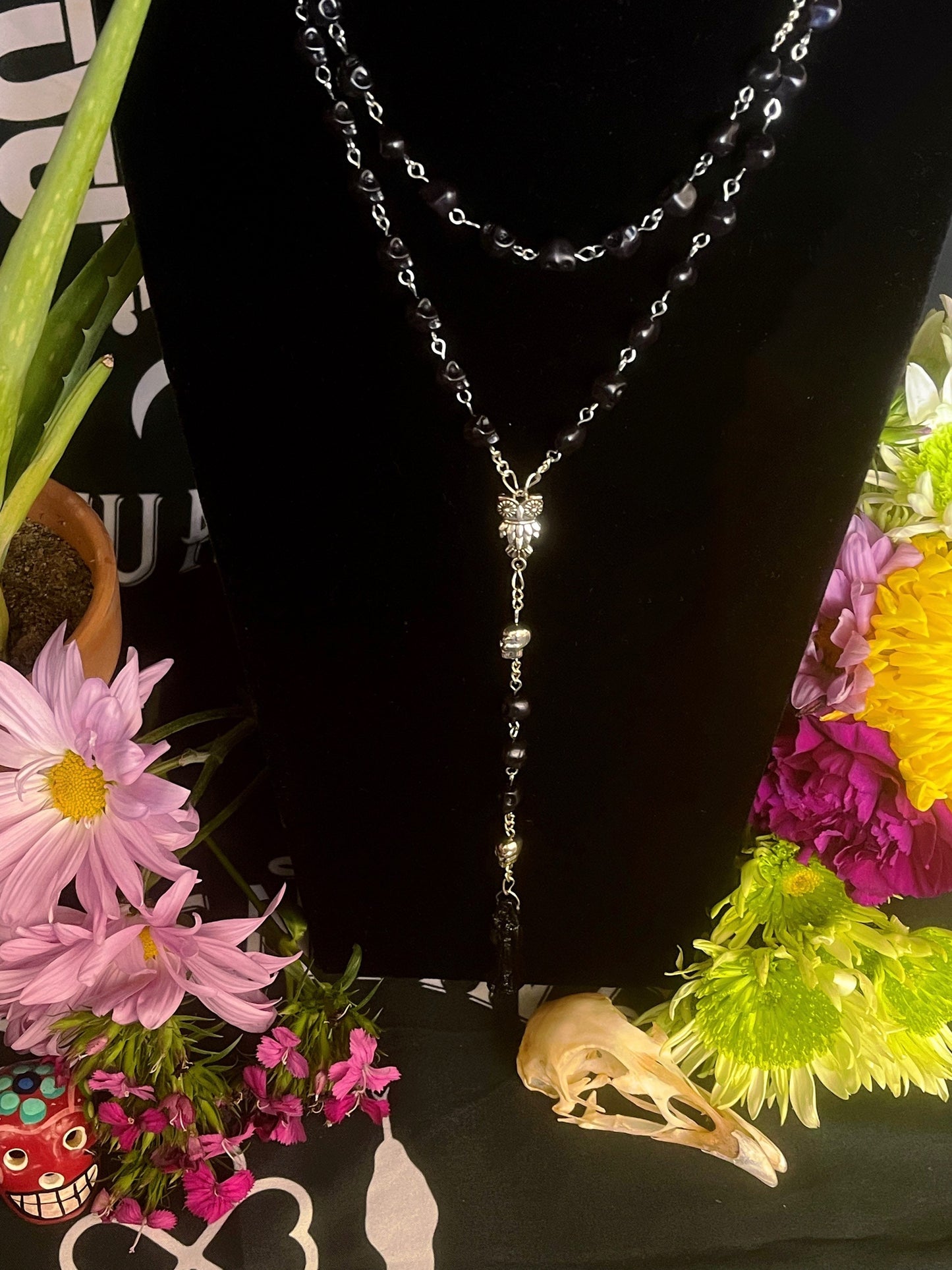 Santa Muerte Negra Rosary + Blessed + Sterling Silver Plated Chain + Handcrafted + Rosario