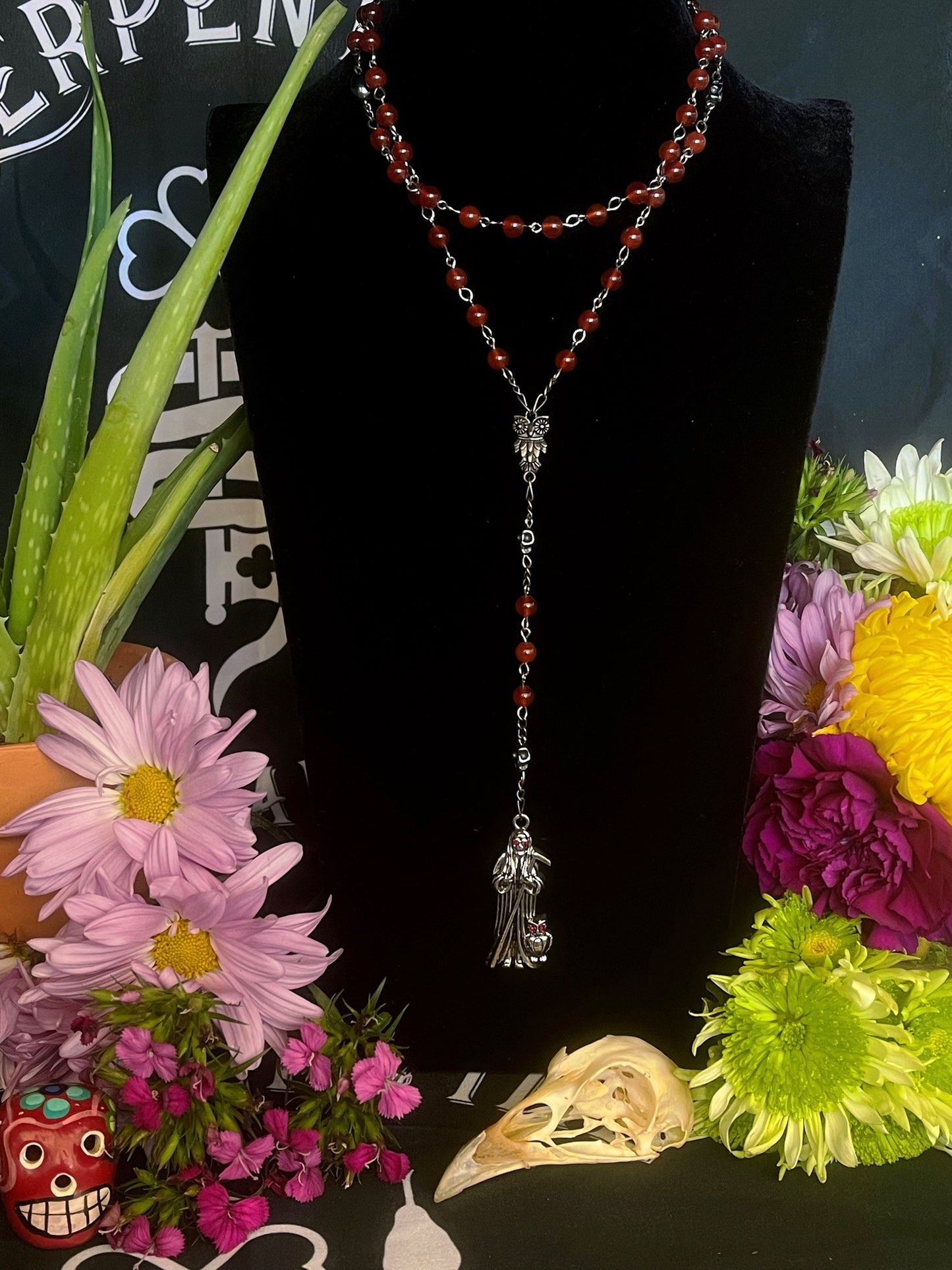 Santa Muerte Roja Rosary + Carnelian + Handcrafted + Gemstone + Sterling Silver Plated Chain + Rosario