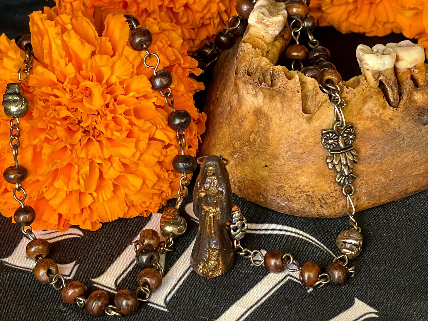 Santa Muerte Marron Rosary with Bone Beads +  Brown + Sterling Silver Plated Chain + Handcrafted + Rosario