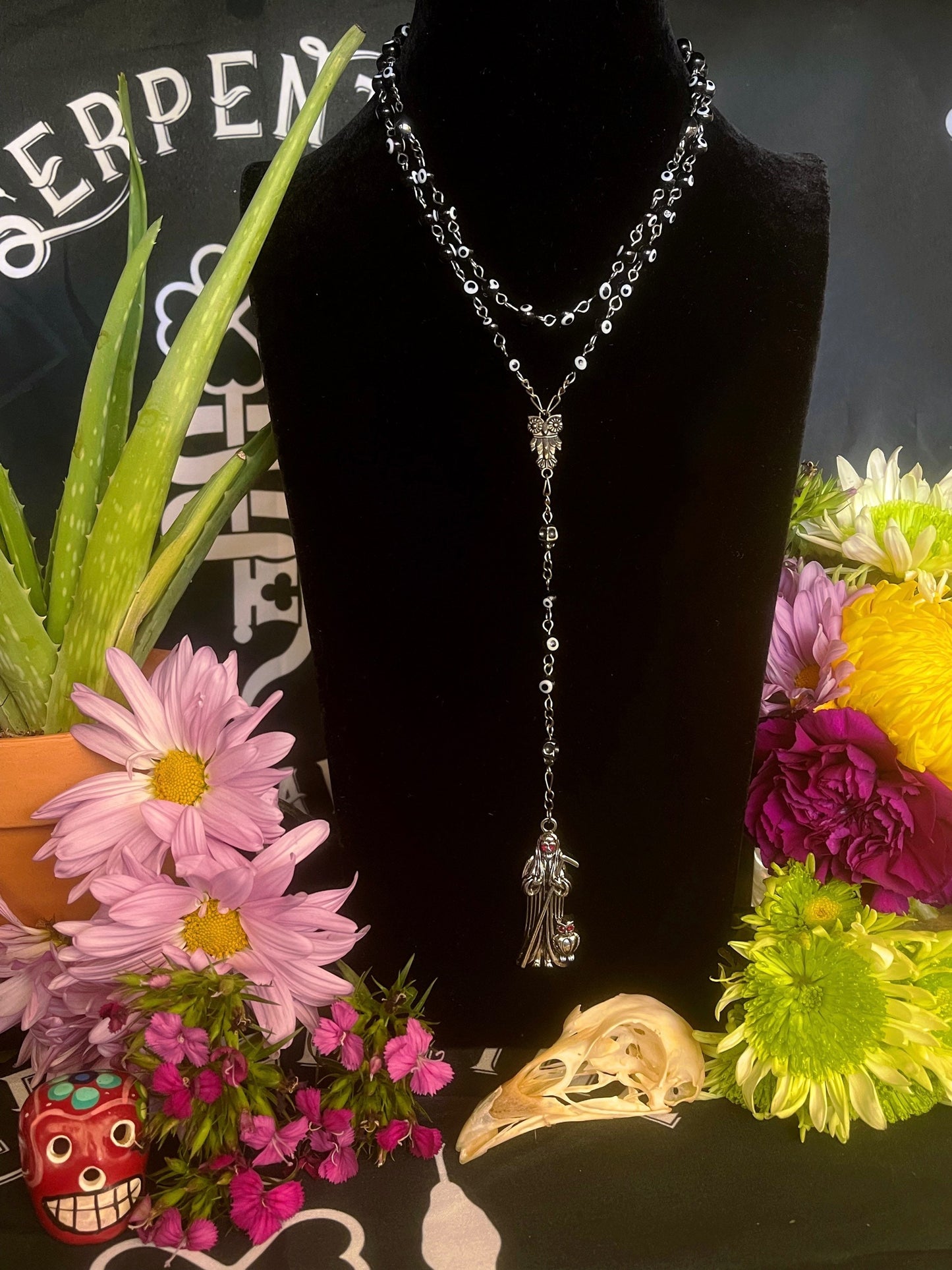 Santa Muerte Negra Evil Eye Rosary + Sterling Silver Plated Chain + Handcrafted + Rosario