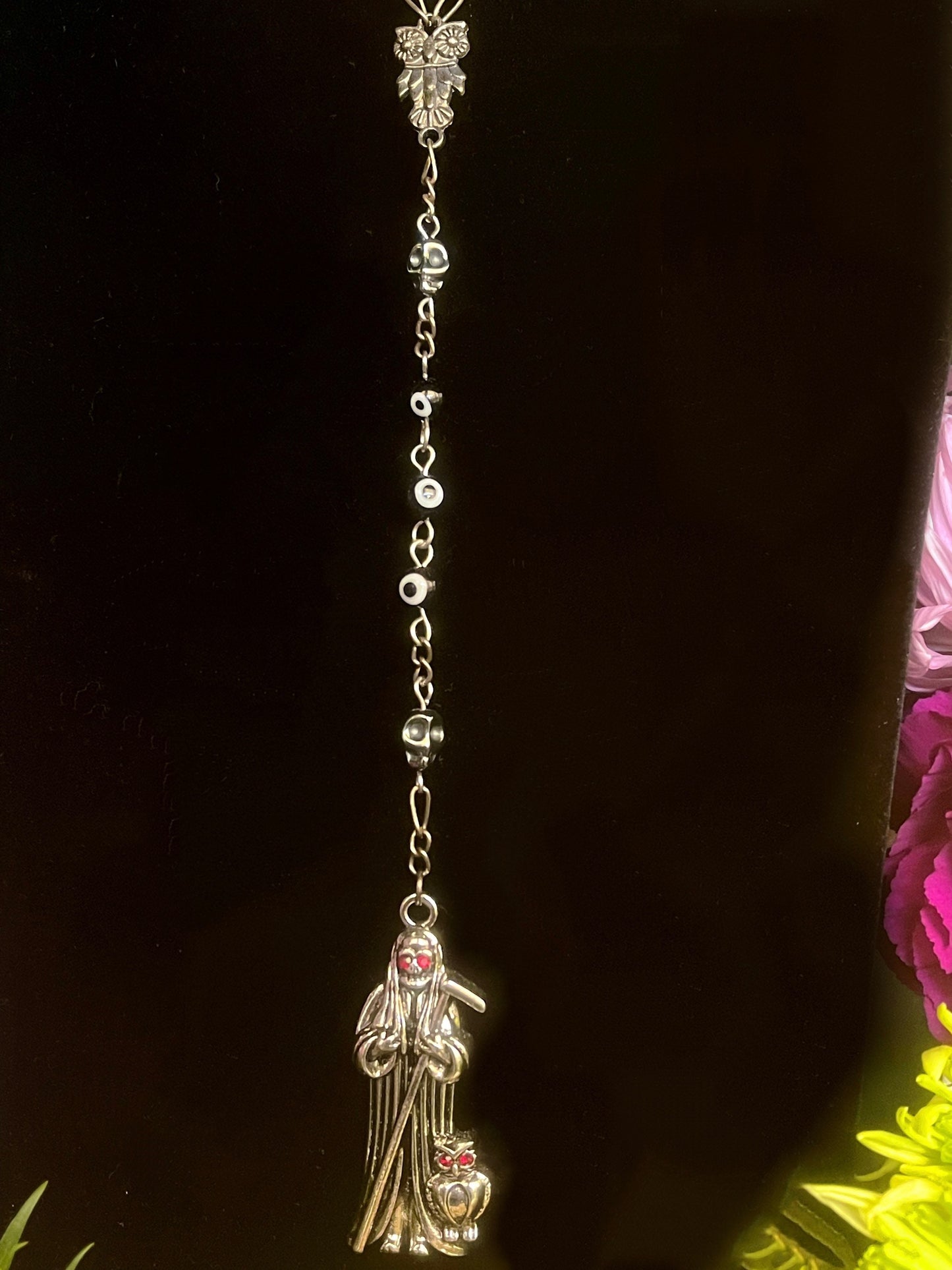 Santa Muerte Negra Evil Eye Rosary + Sterling Silver Plated Chain + Handcrafted + Rosario