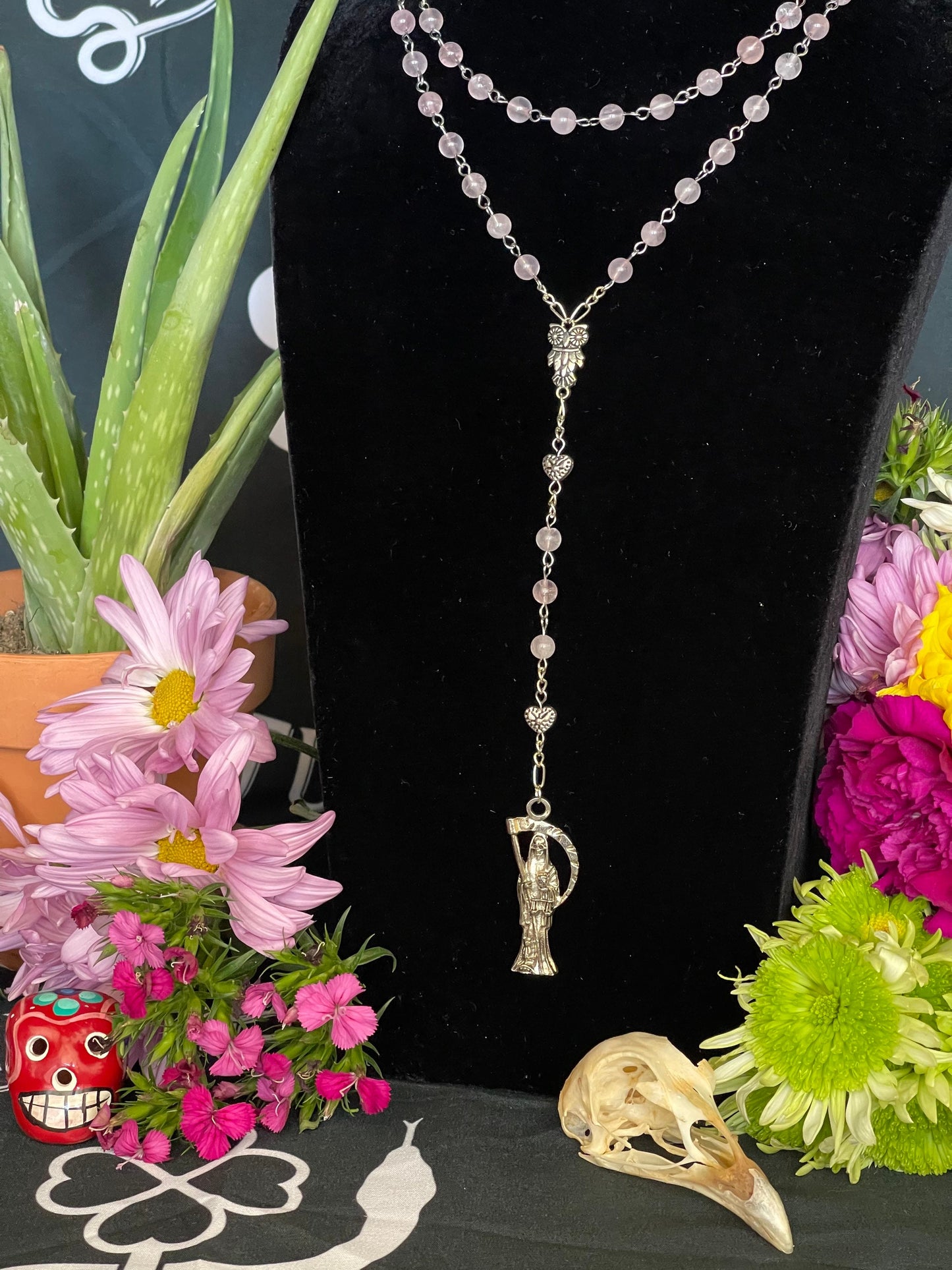 Santa Muerte Rosada Rose Quartz / Pink Rosary + Transparent + Sterling Silver Plated Chain + Handcrafted + Gemstone + Rosario