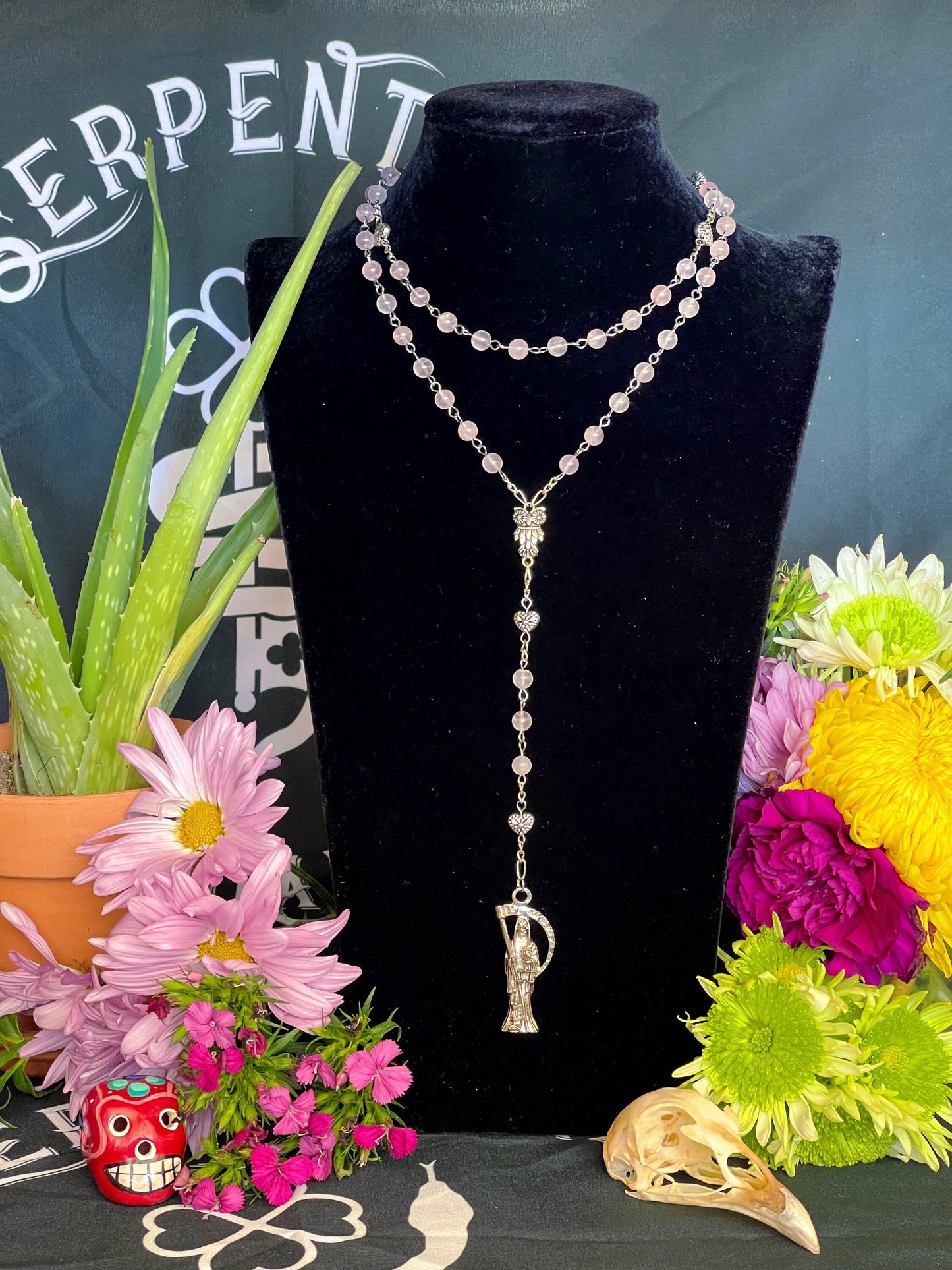 Santa Muerte Rosada Rose Quartz / Pink Rosary + Transparent + Sterling Silver Plated Chain + Handcrafted + Gemstone + Rosario