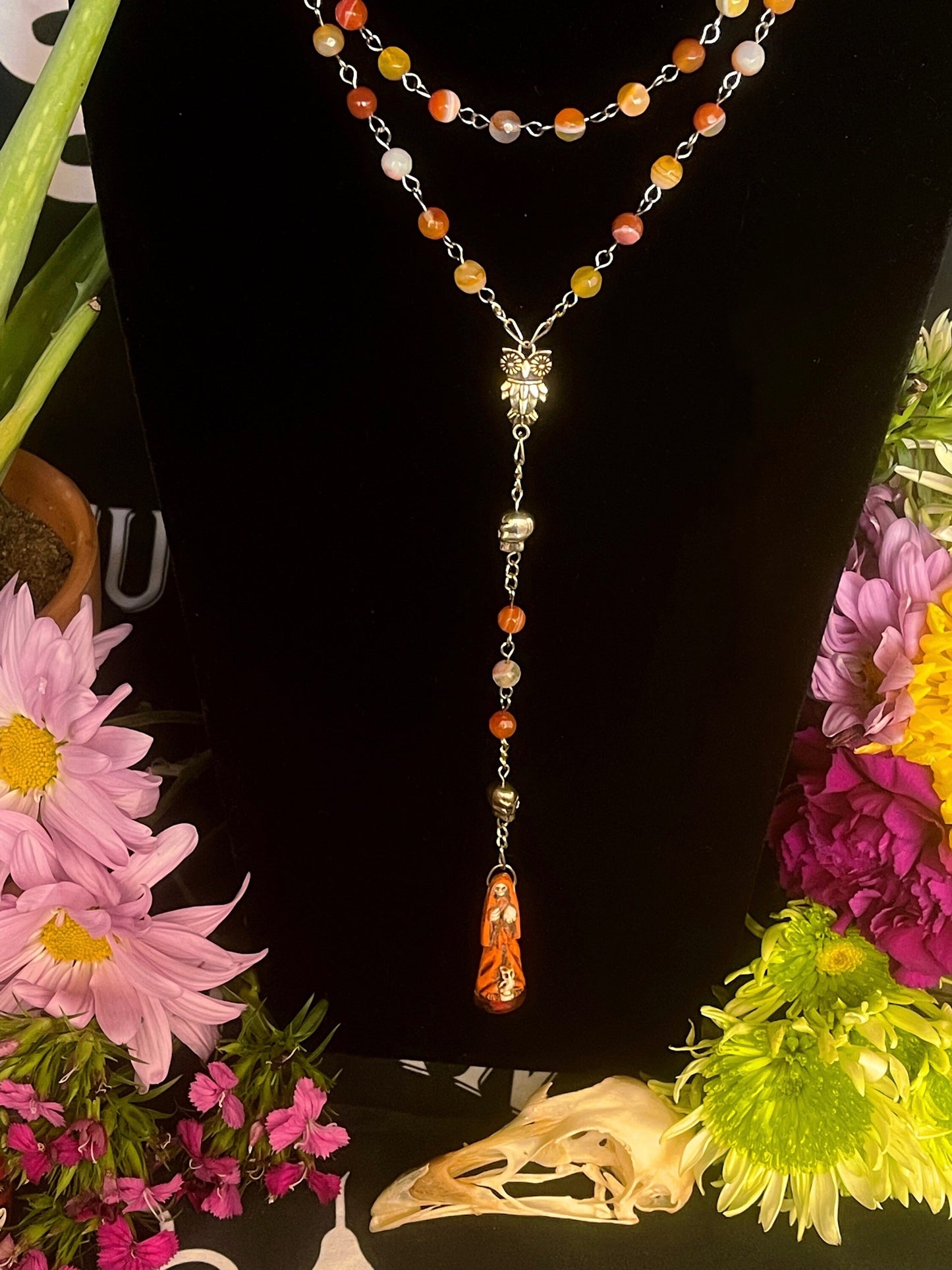 Santa Muerte Naranja Rosary + Orange Agate + Blessed + Sterling Silver Plated Chain + Rosario + Gemstone