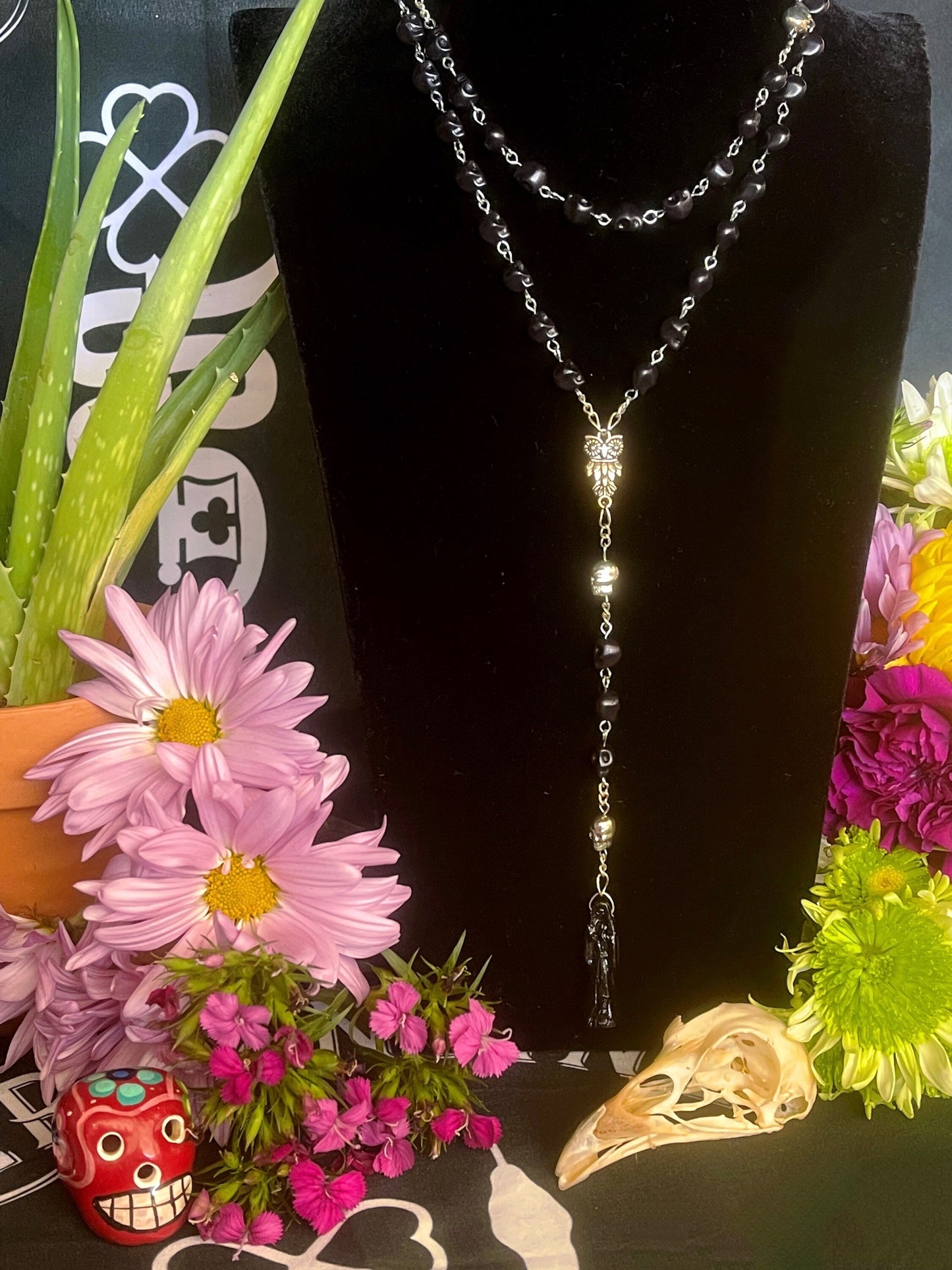 Santa Muerte Negra Rosary + Blessed + Sterling Silver Plated Chain + Handcrafted + Rosario