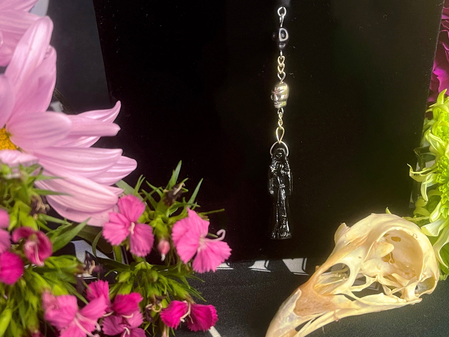 Santa Muerte Negra Rosary + Blessed + Sterling Silver Plated Chain + Handcrafted + Rosario