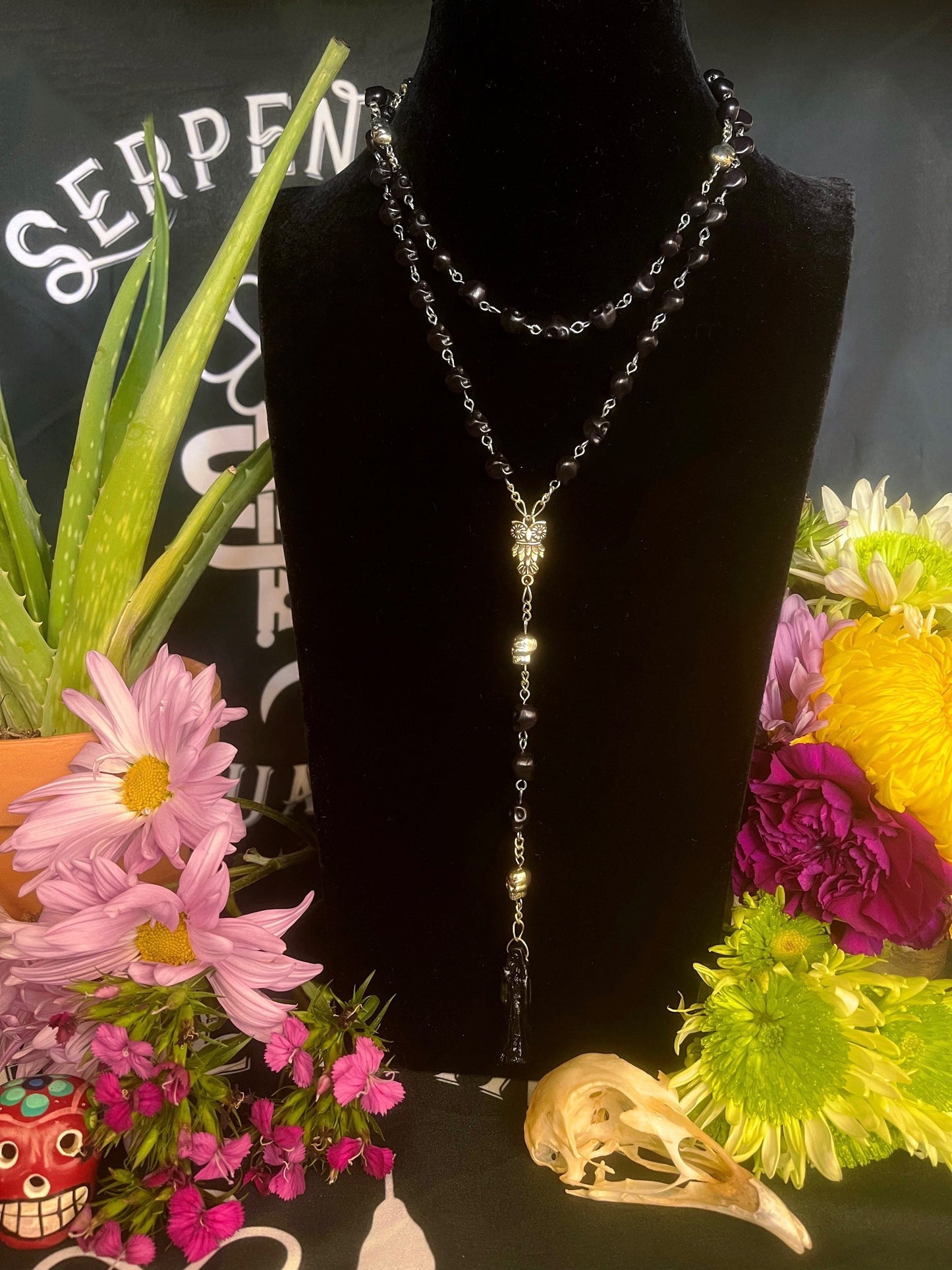 Santa Muerte Negra Rosary + Blessed + Sterling Silver Plated Chain + Handcrafted + Rosario