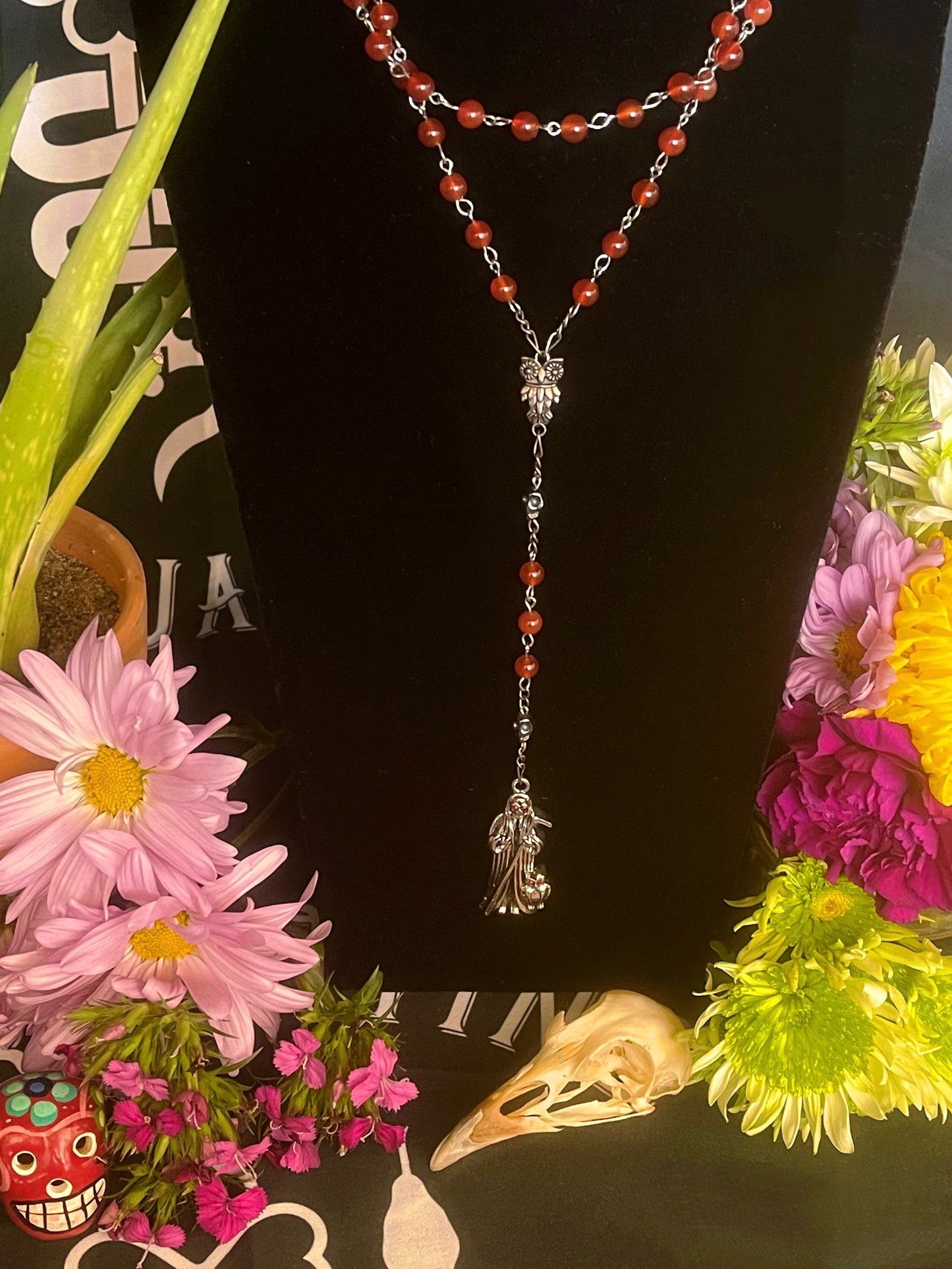 Santa Muerte Roja Rosary + Carnelian + Handcrafted + Gemstone + Sterling Silver Plated Chain + Rosario