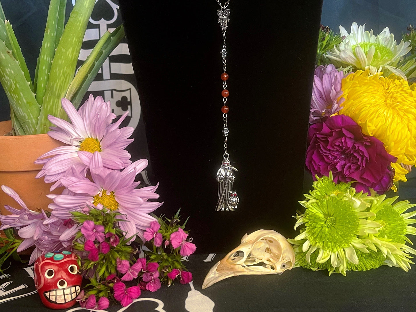 Santa Muerte Roja Rosary + Carnelian + Handcrafted + Gemstone + Sterling Silver Plated Chain + Rosario