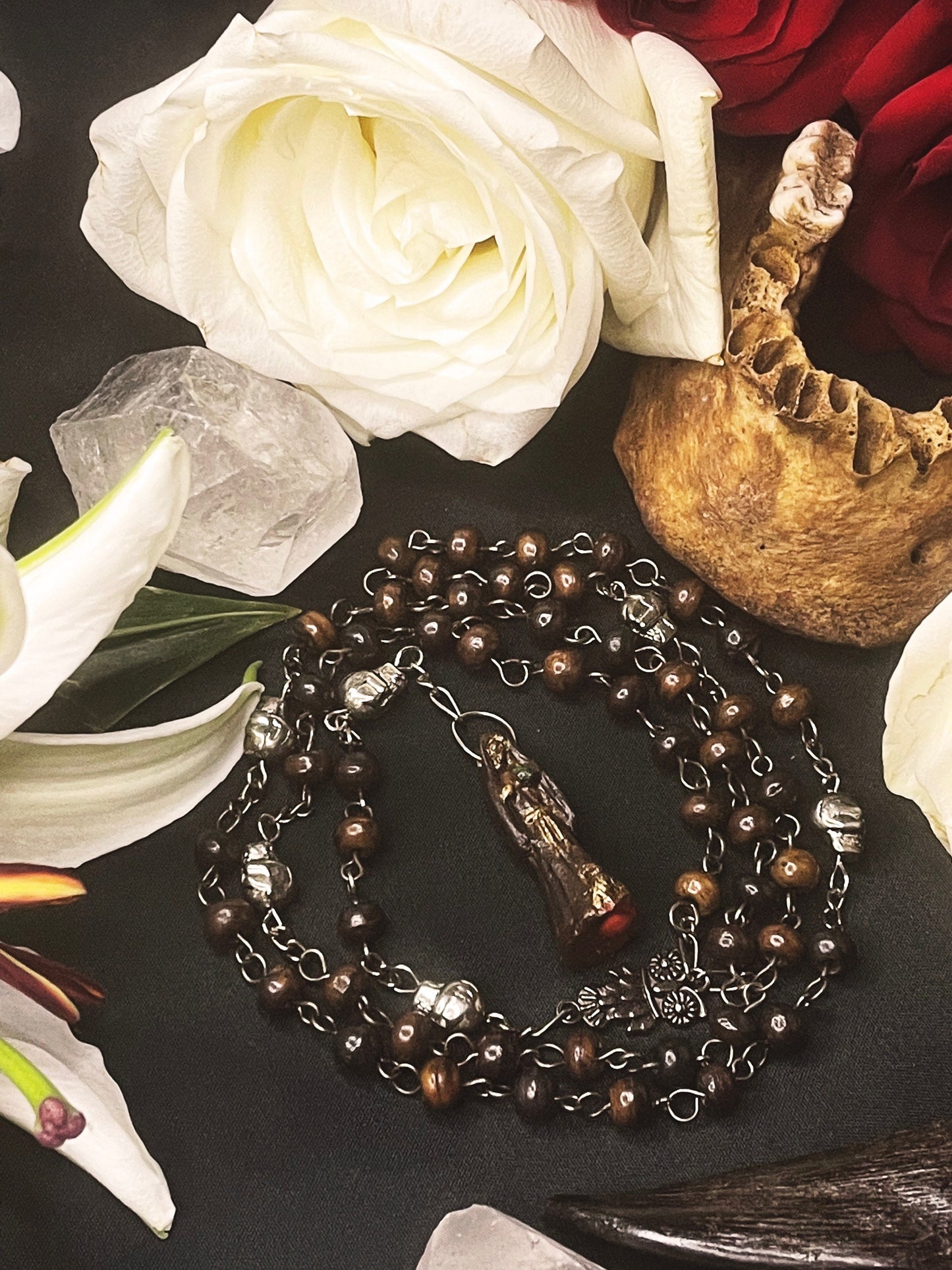 Santa Muerte Marron Rosary with Bone Beads +  Brown + Sterling Silver Plated Chain + Handcrafted + Rosario