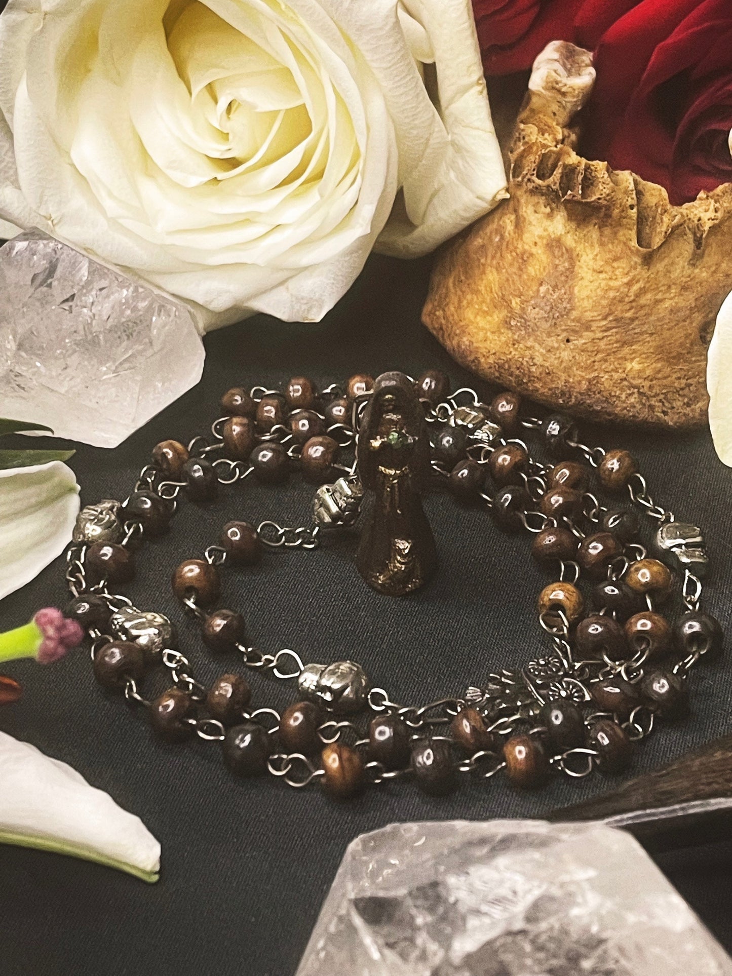 Santa Muerte Marron Rosary with Bone Beads +  Brown + Sterling Silver Plated Chain + Handcrafted + Rosario
