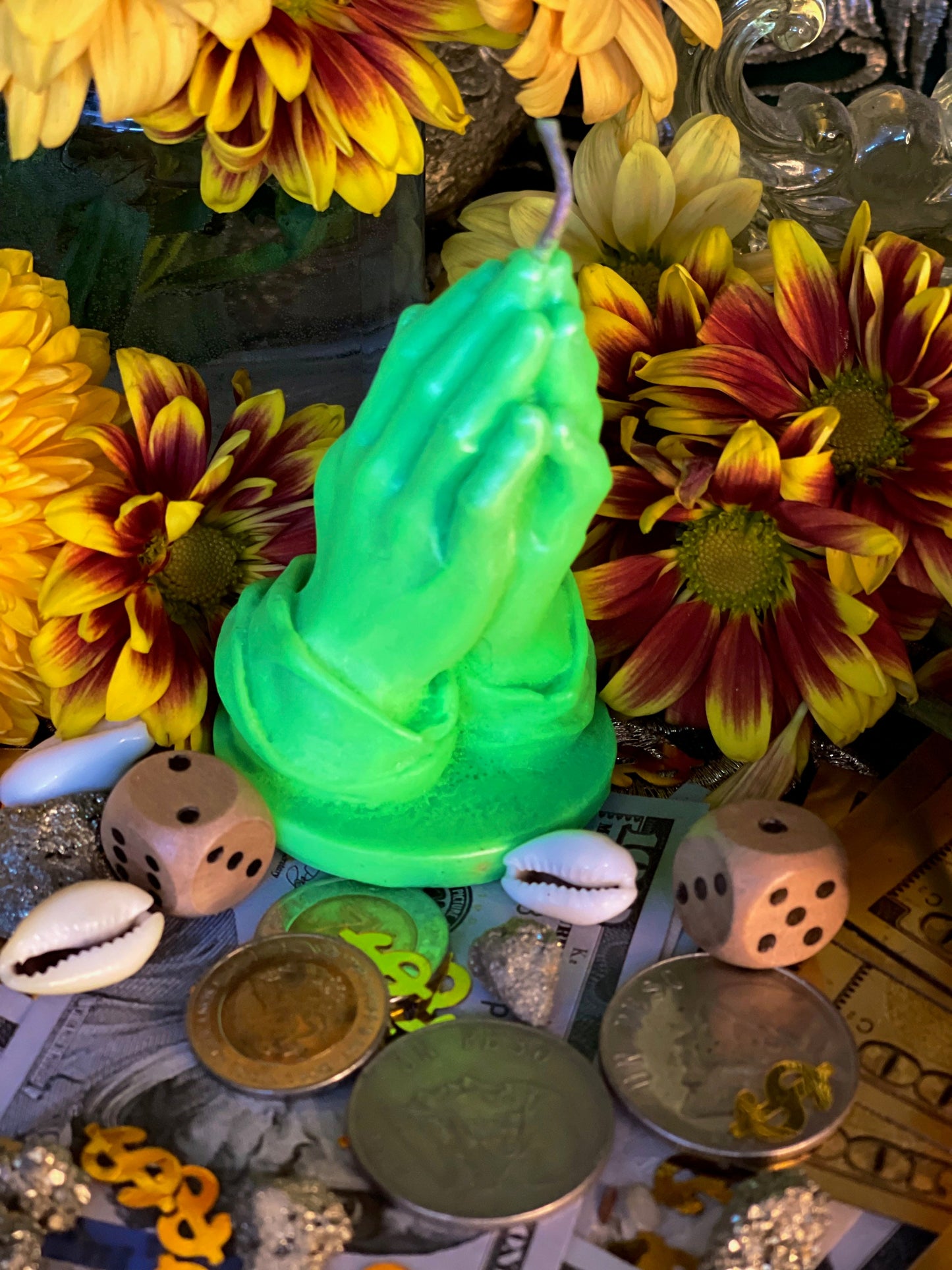Neon Praying Hands Candle + Glows under Blacklight