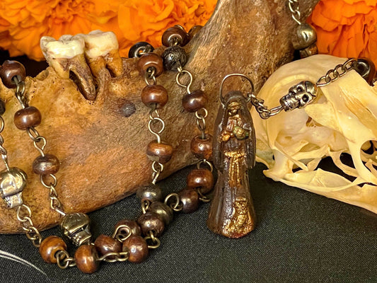 Santa Muerte Marron Rosary with Bone Beads +  Brown + Sterling Silver Plated Chain + Handcrafted + Rosario