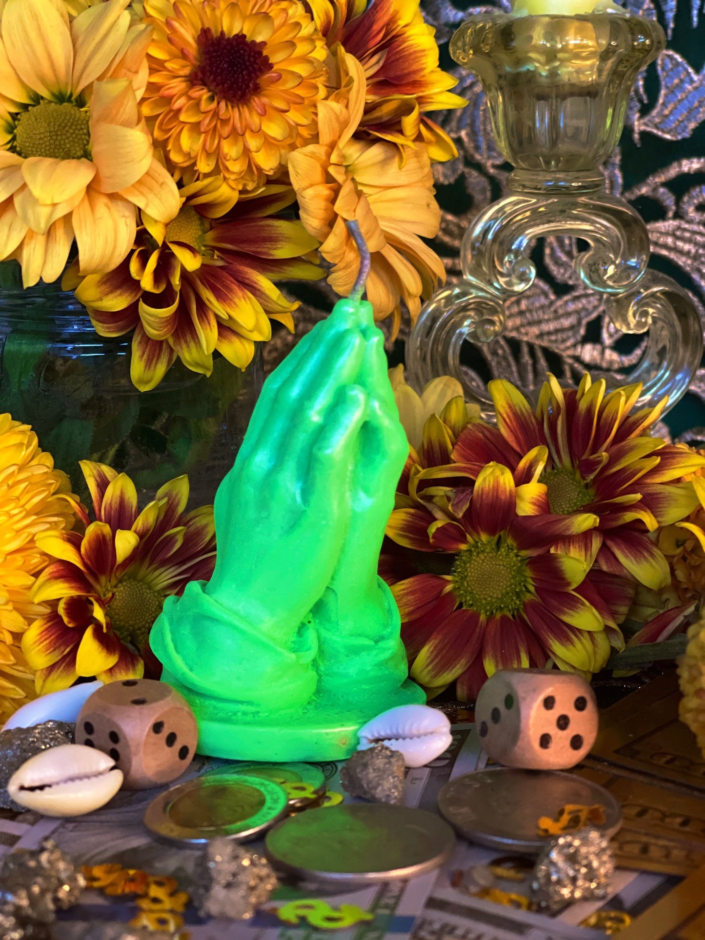 Neon Praying Hands Candle + Glows under Blacklight