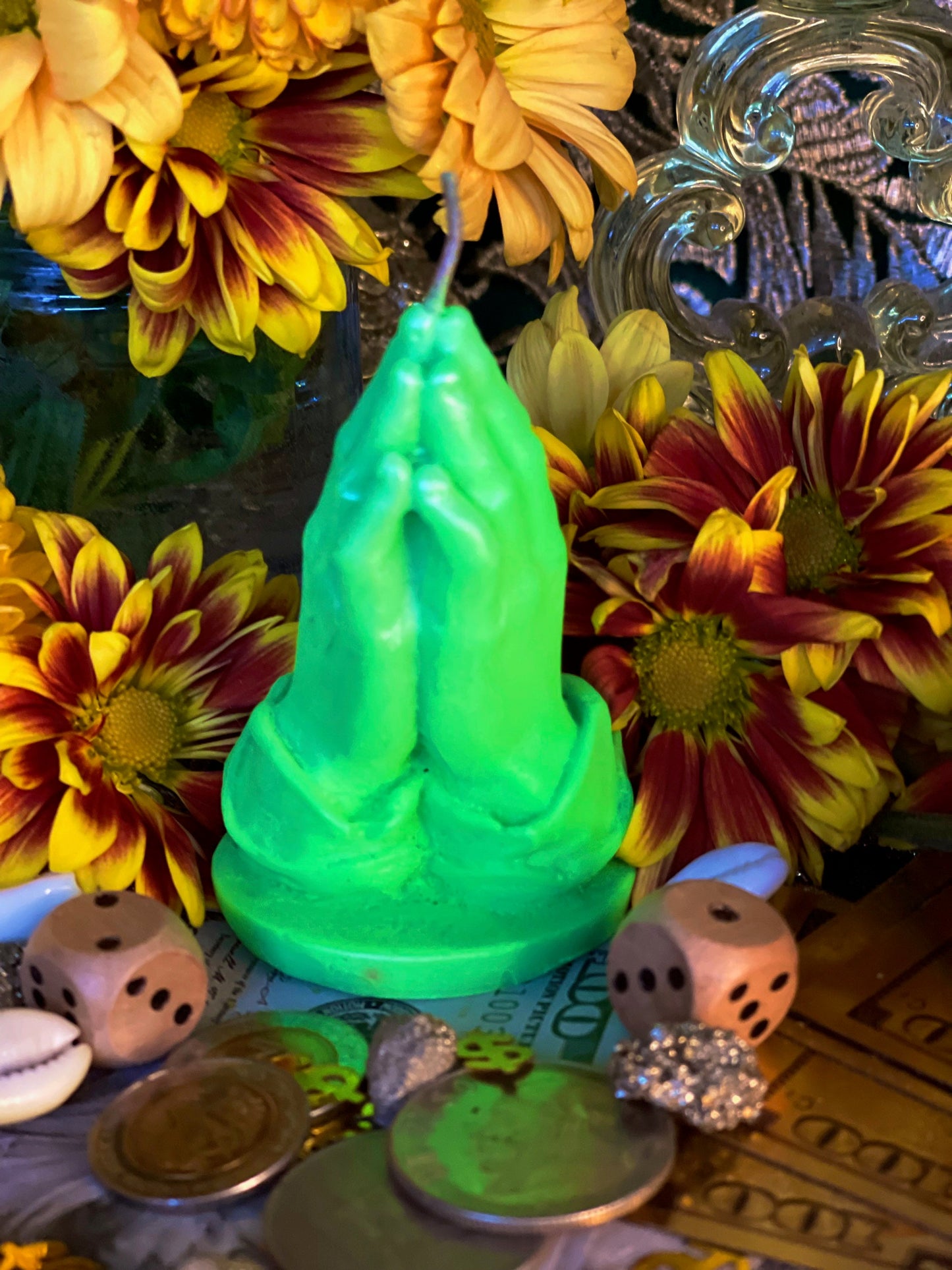 Neon Praying Hands Candle + Glows under Blacklight
