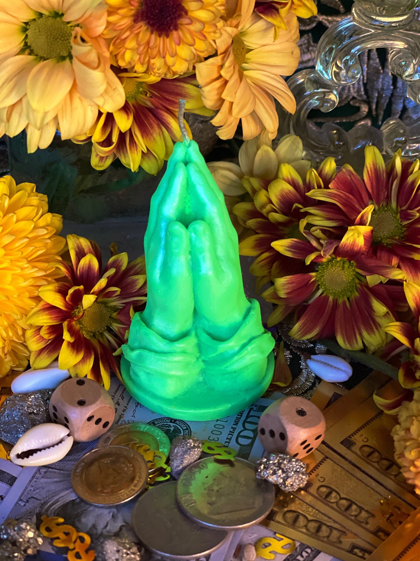 Neon Praying Hands Candle + Glows under Blacklight