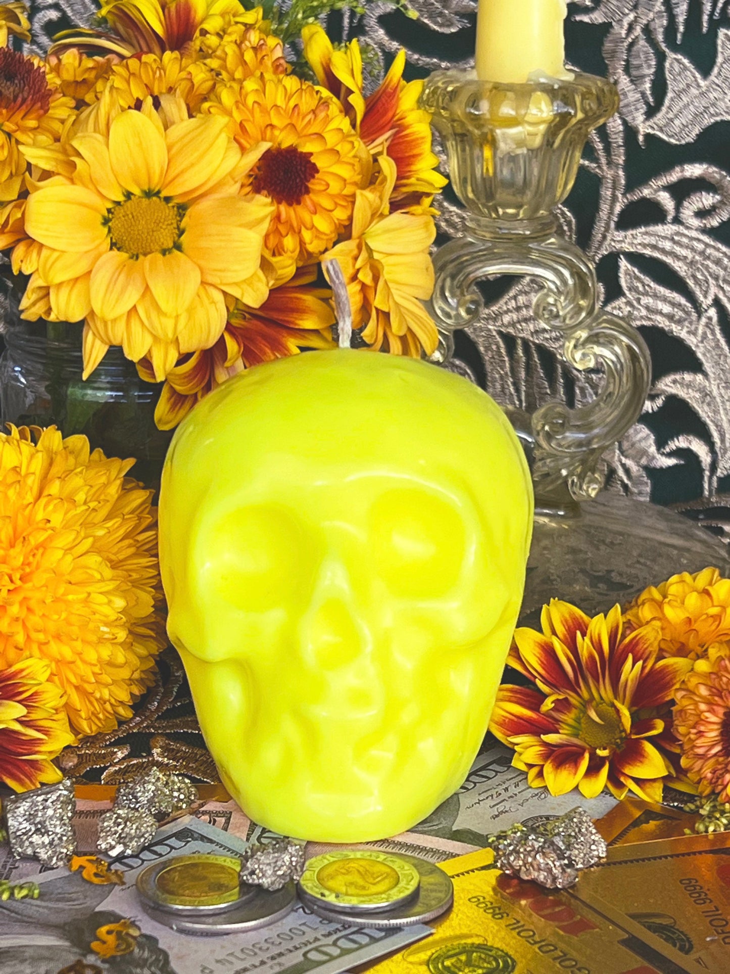 Neon Skull Candle + Influence Thoughts + Mental Health + Glows under Blacklight