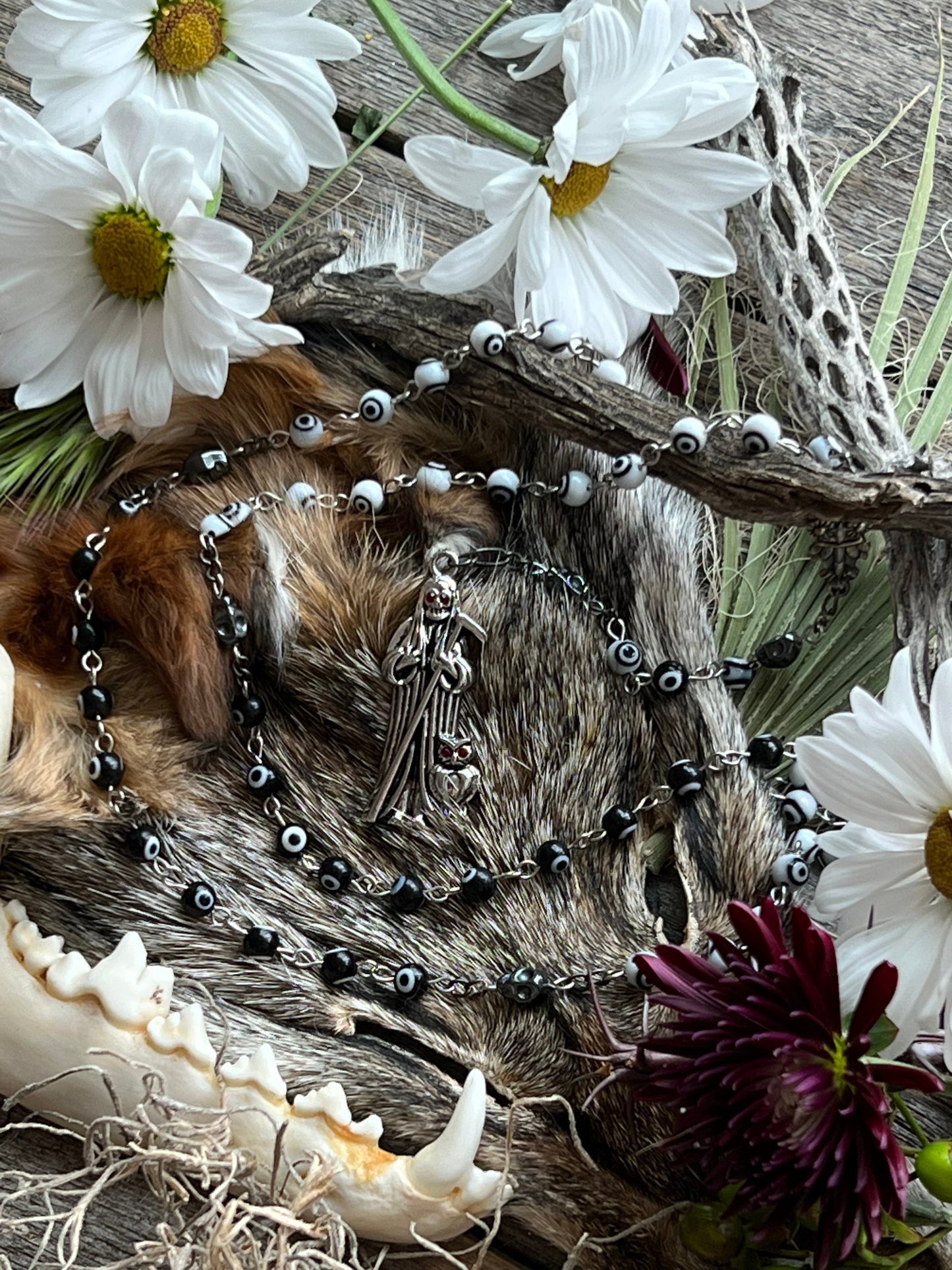 Santa Muerte Negra y Blanca Uncrossing Evil Eye Rosary + Blessed + Sterling Silver Plated Chain + Handcrafted + Rosario