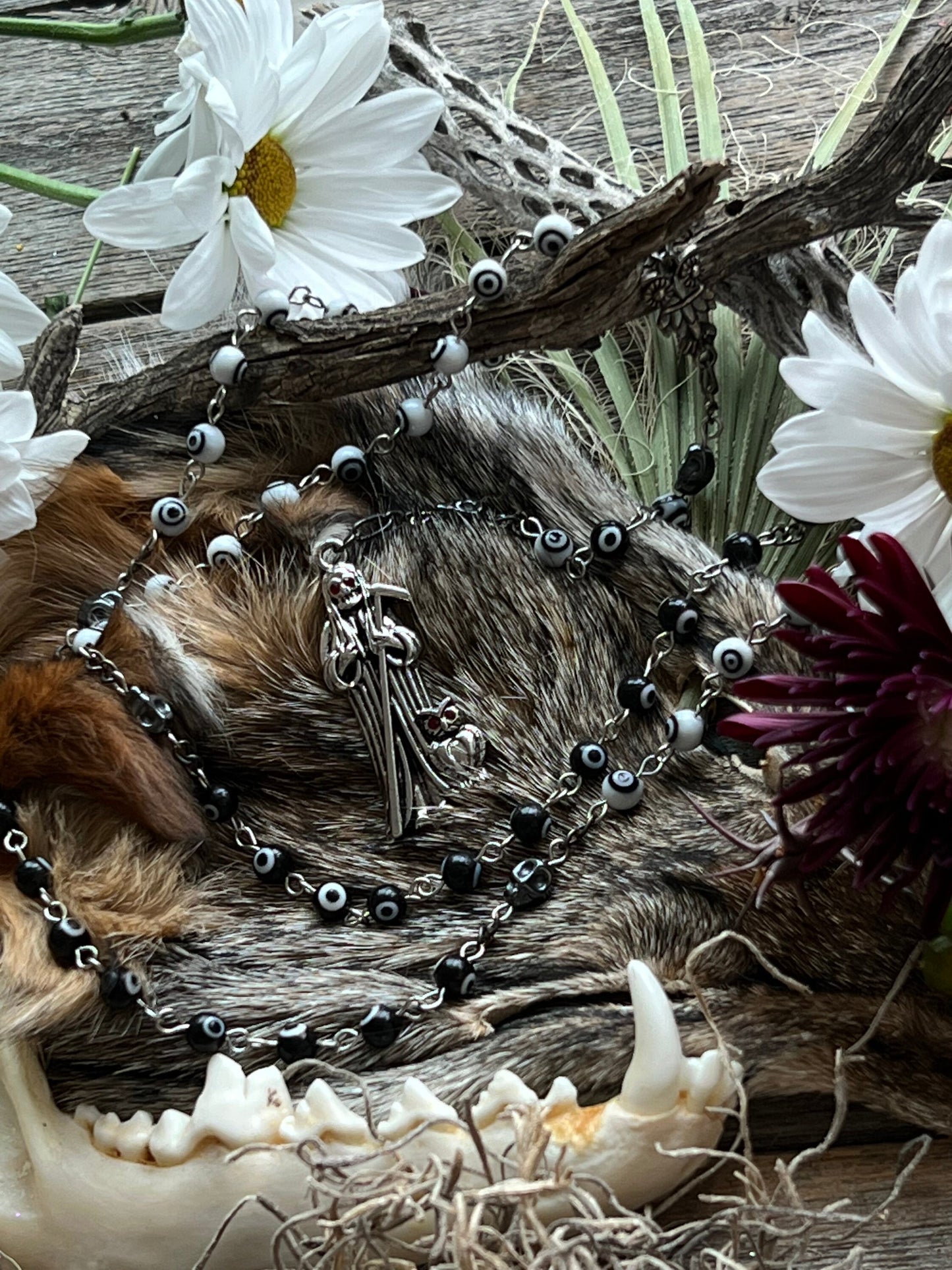 Santa Muerte Negra y Blanca Uncrossing Evil Eye Rosary + Blessed + Sterling Silver Plated Chain + Handcrafted + Rosario