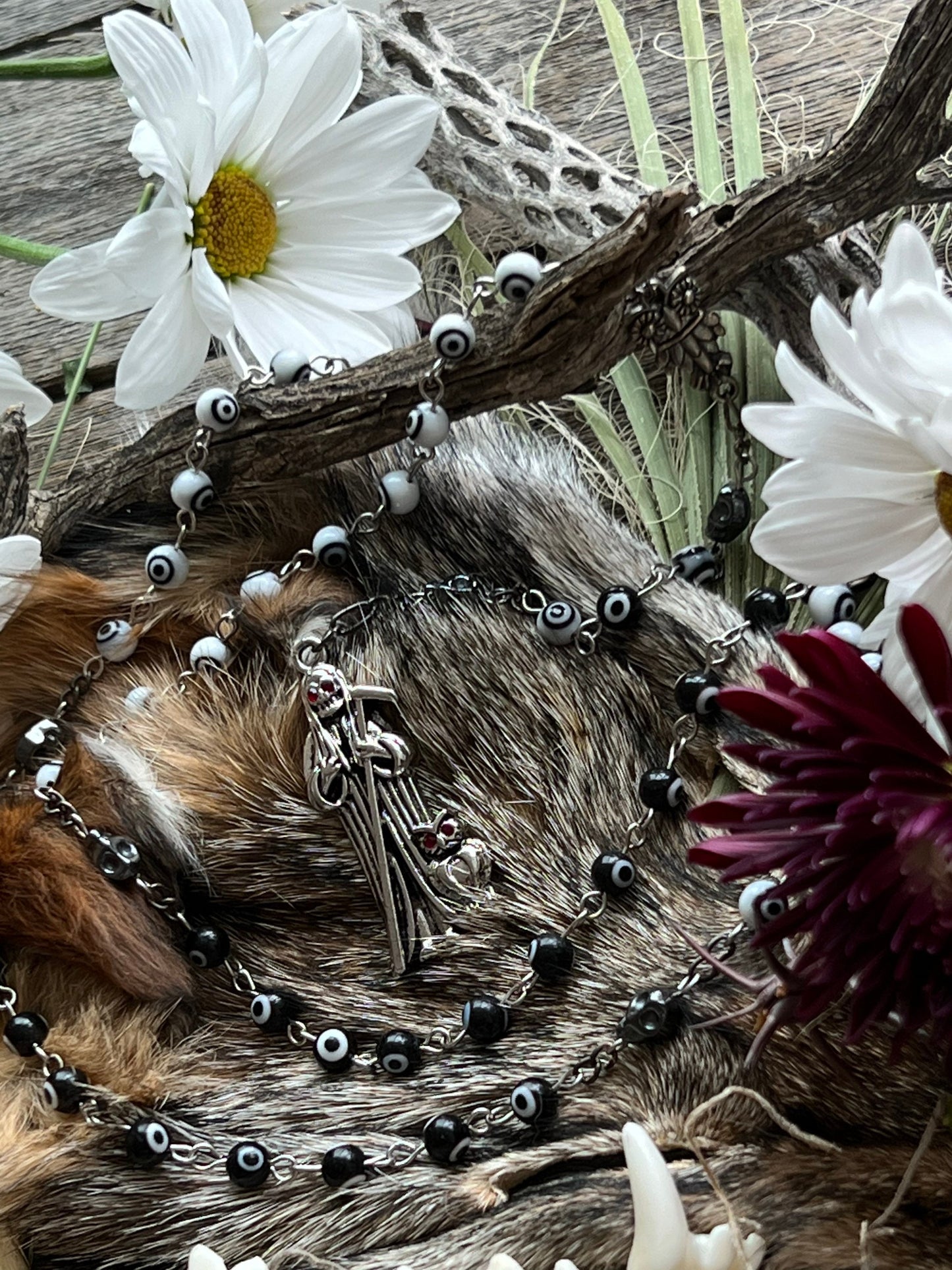 Santa Muerte Negra y Blanca Uncrossing Evil Eye Rosary + Blessed + Sterling Silver Plated Chain + Handcrafted + Rosario