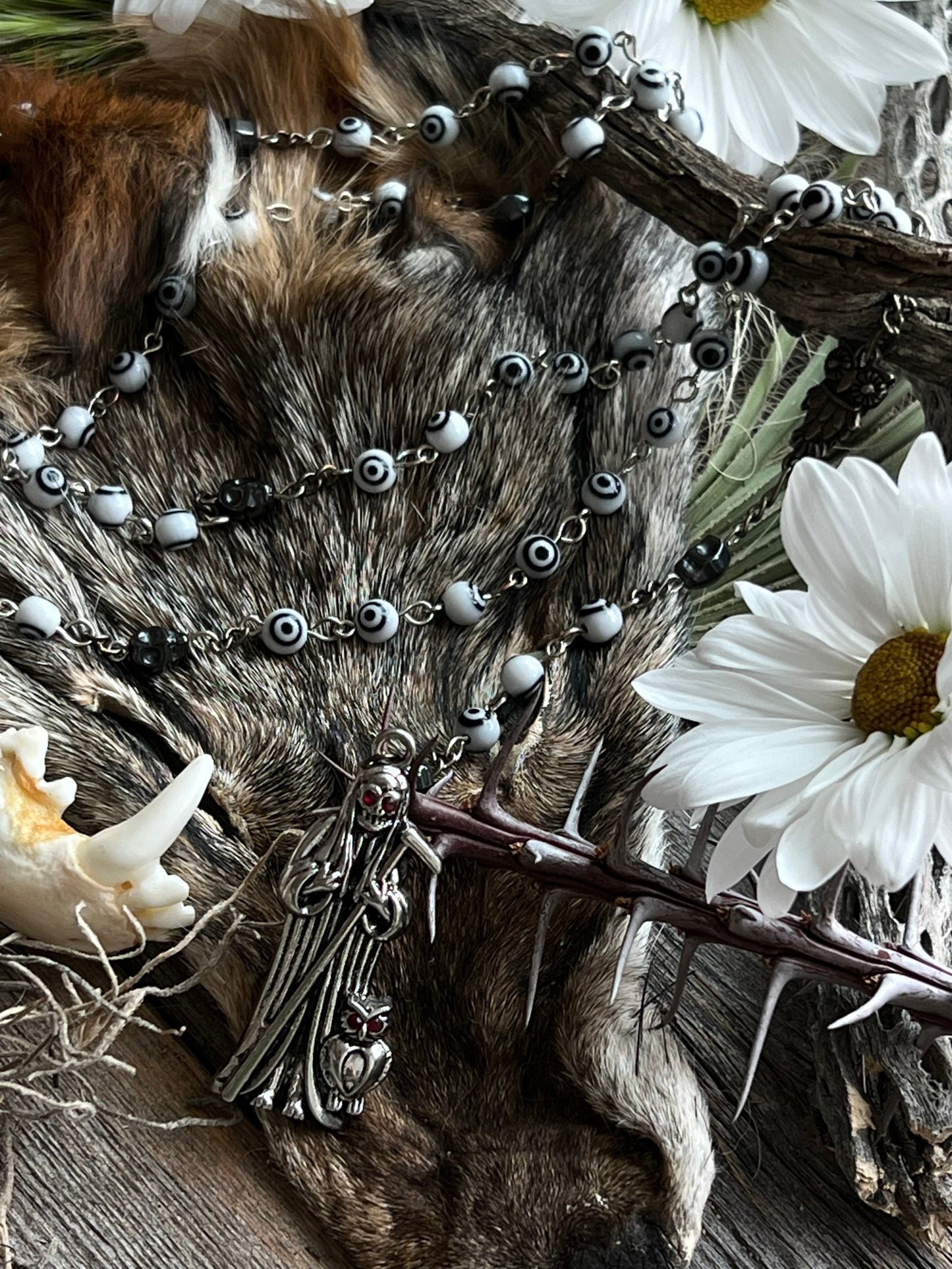 Santa Muerte Blanca Evil Eye Rosary + Sterling Silver Plated Chain + Handcrafted + Rosario