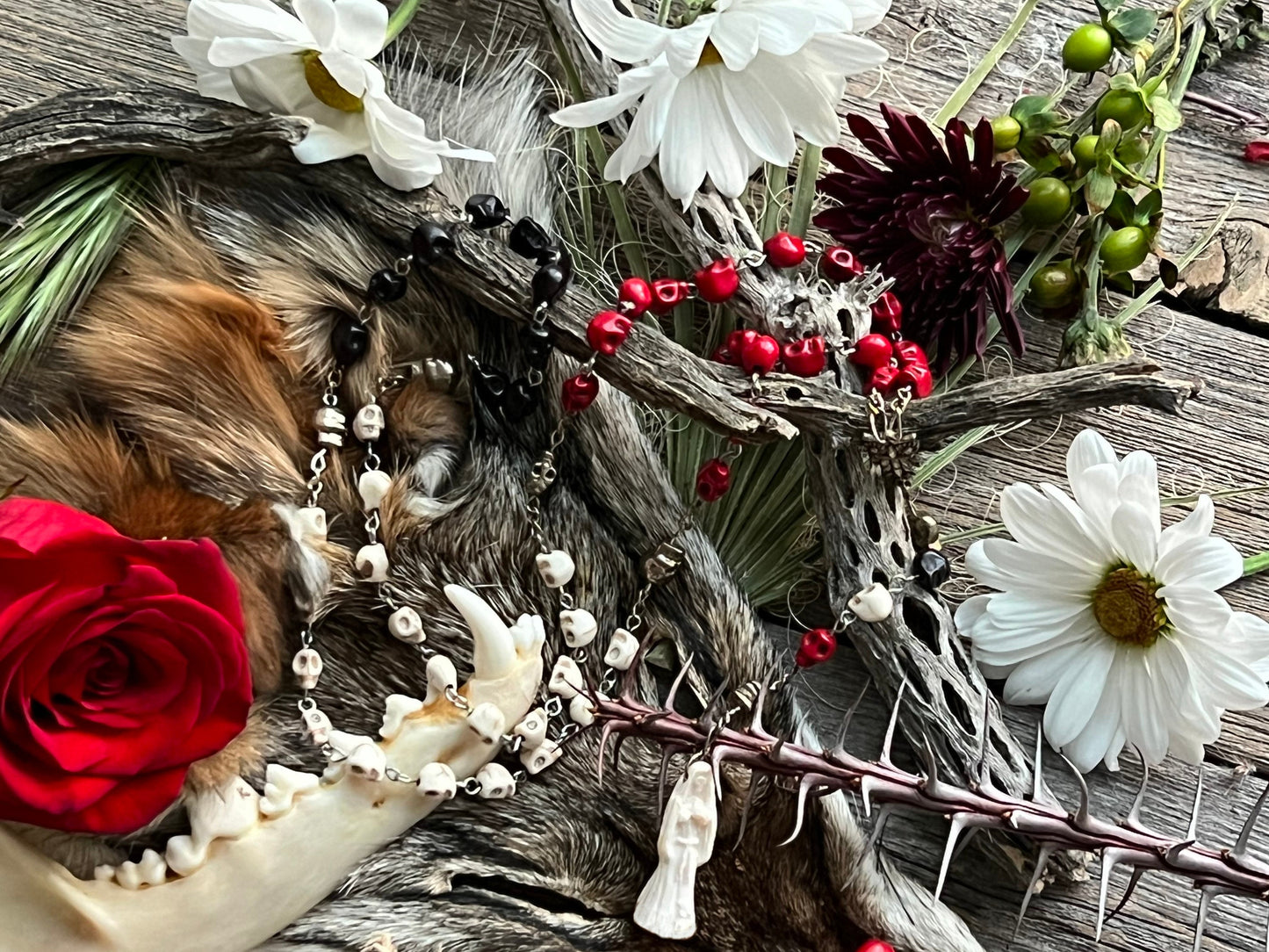Santa Muerte Blanca Rosary + Three Robes + Sterling Silver Plated Chain + Traditional Colors + Blessed + Rosario