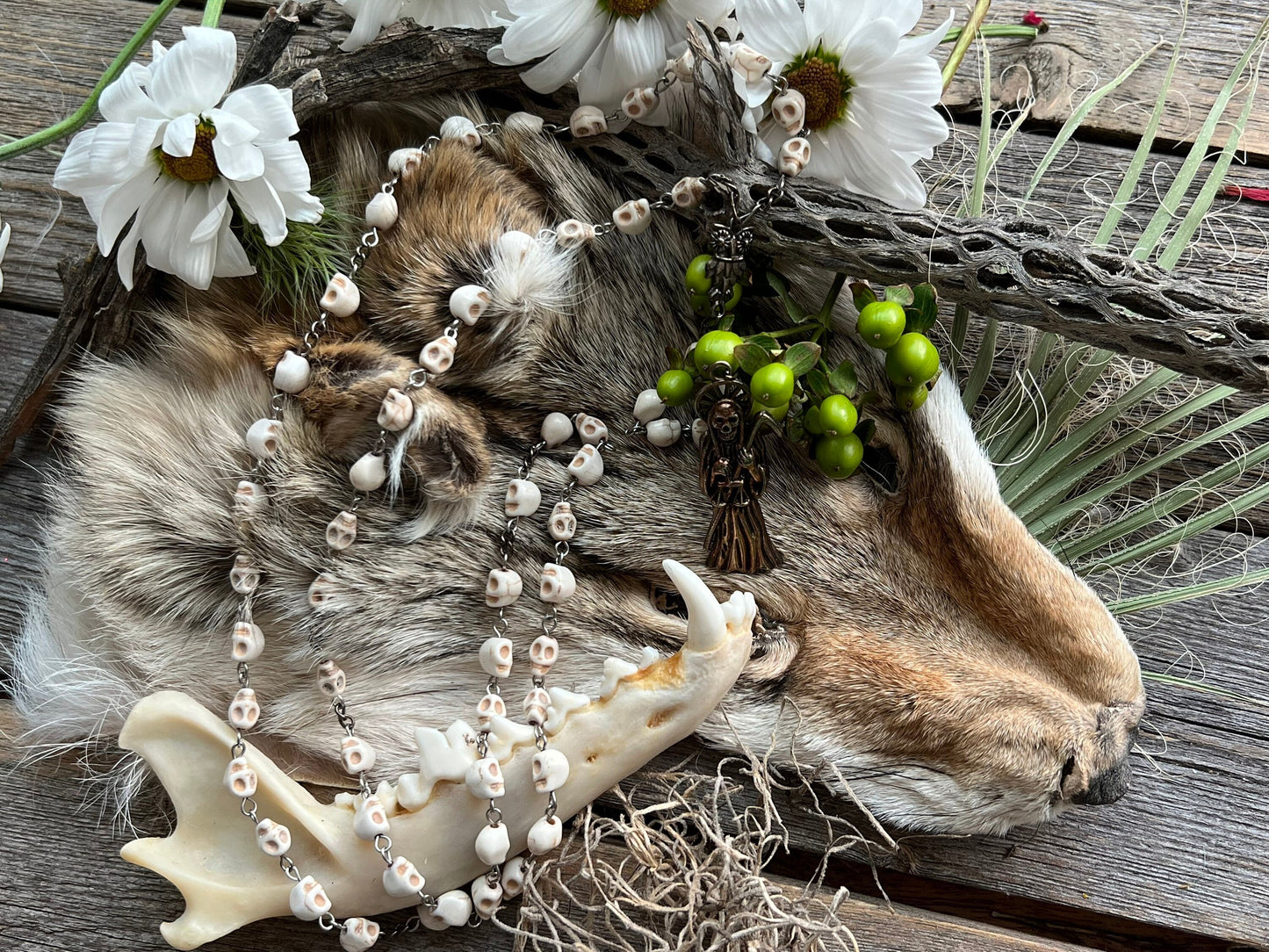 Santa Muerte Blanca Rosary + Sterling Silver Plated Chain + Handcrafted + Rosario