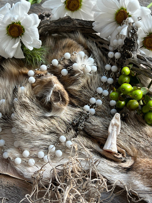 Santa Muerte Blanca Rosary + Sterling Silver Plated Chain + Gemstone + Handcrafted + Rosario