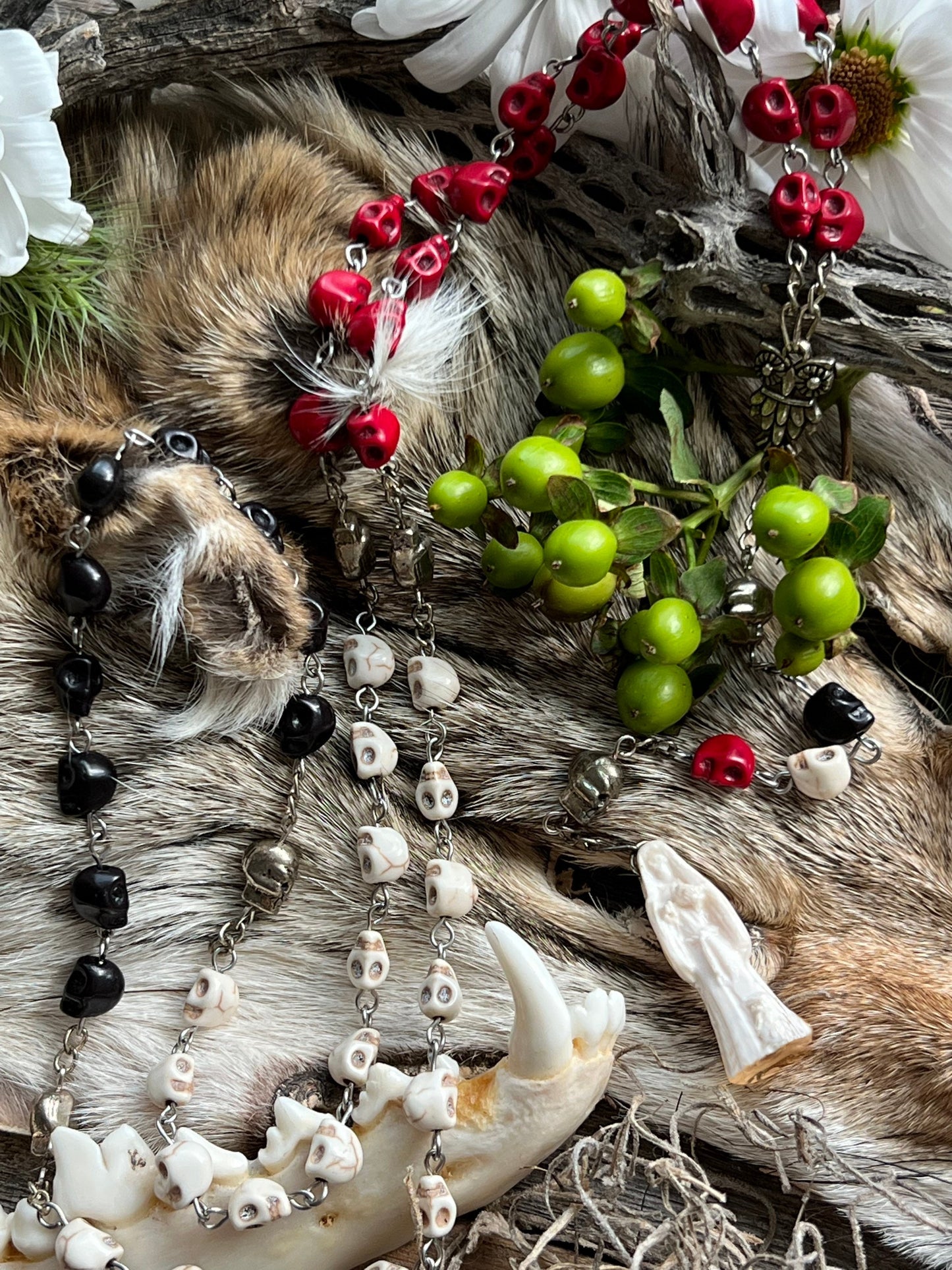 Santa Muerte Blanca Rosary + Three Robes + Sterling Silver Plated Chain + Traditional Colors + Blessed + Rosario