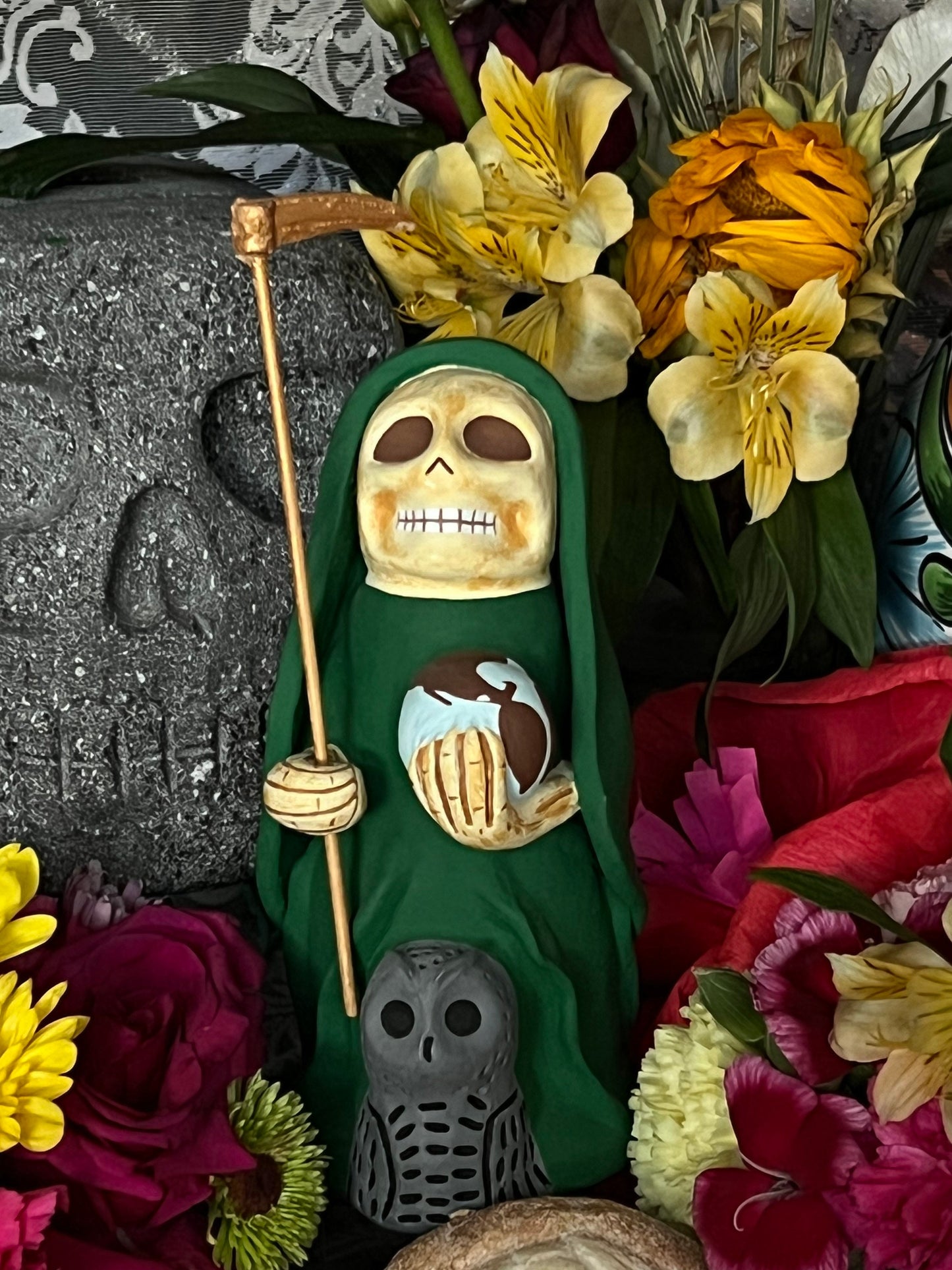 Santa Muerte Verde Statue + Green + Mictecacihuatl + Mictlantecihuatl + Traditionally Handcrafted from Mexican Clay + One of a Kind