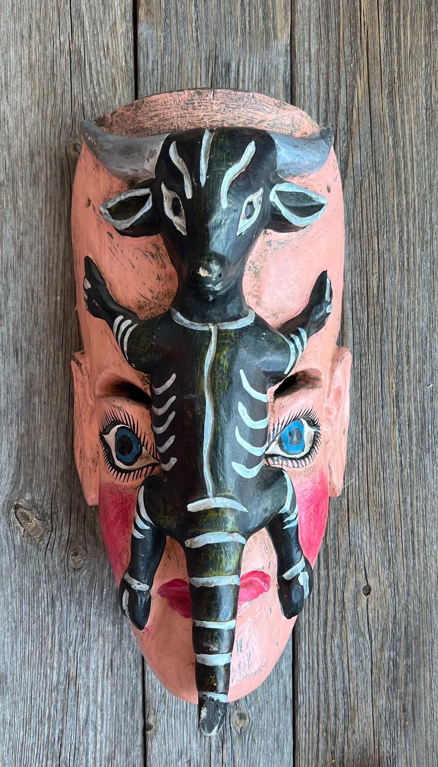 VERY RARE Vintage Goat on Face Altar Mask + Wood + Handcrafted in Mexico + Baphomet + One of a Kind!