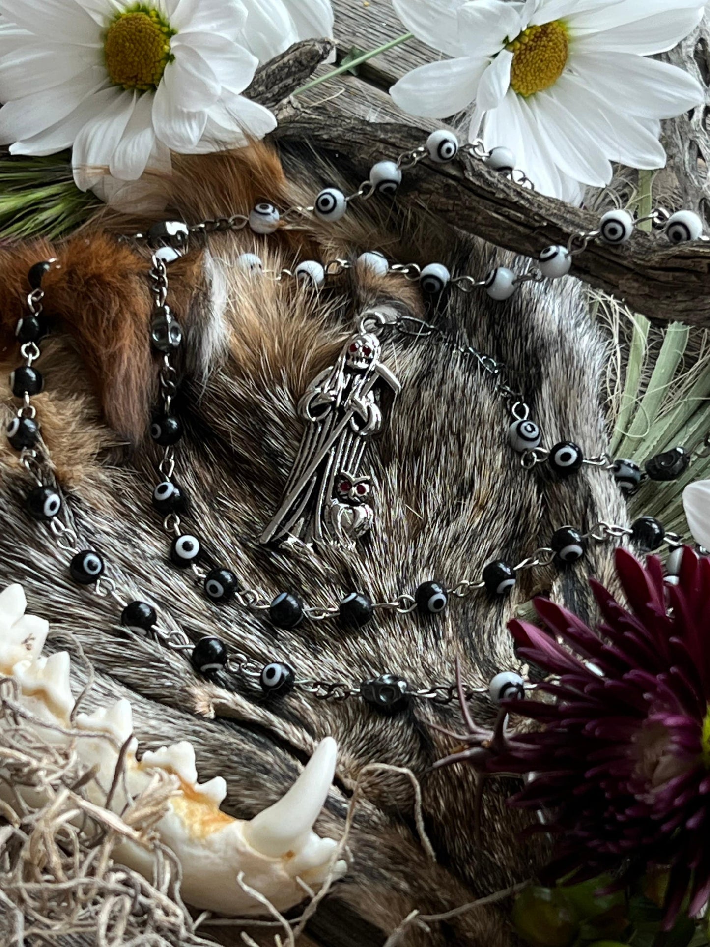 Santa Muerte Negra y Blanca Uncrossing Evil Eye Rosary + Blessed + Sterling Silver Plated Chain + Handcrafted + Rosario