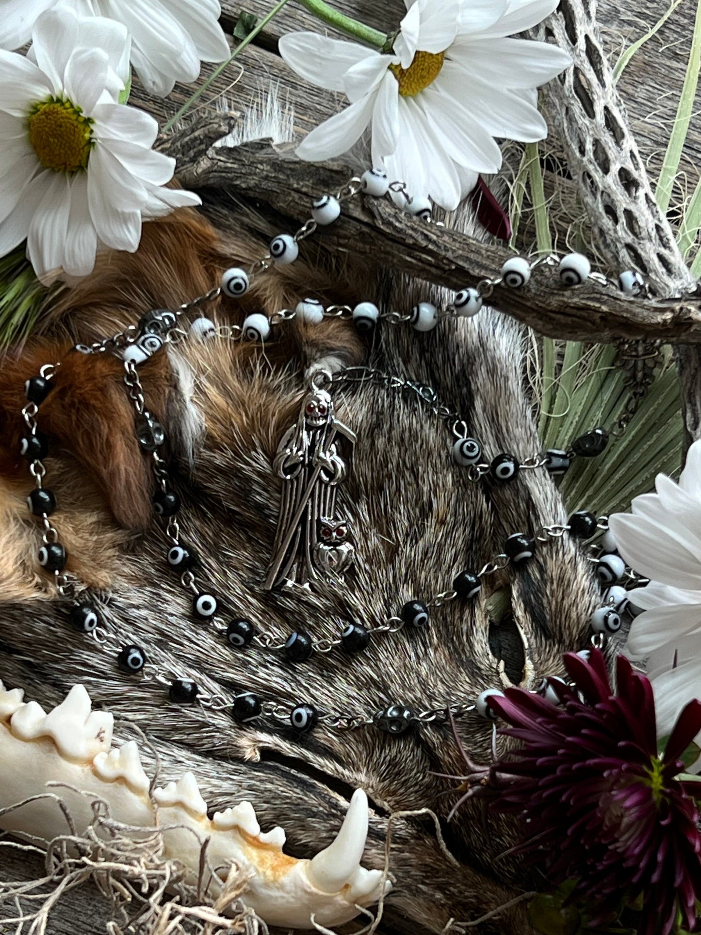 Santa Muerte Negra y Blanca Uncrossing Evil Eye Rosary + Blessed + Sterling Silver Plated Chain + Handcrafted + Rosario