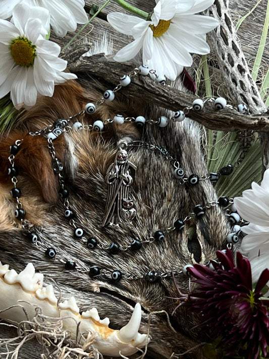 Santa Muerte Negra y Blanca Uncrossing Evil Eye Rosary + Blessed + Sterling Silver Plated Chain + Handcrafted + Rosario