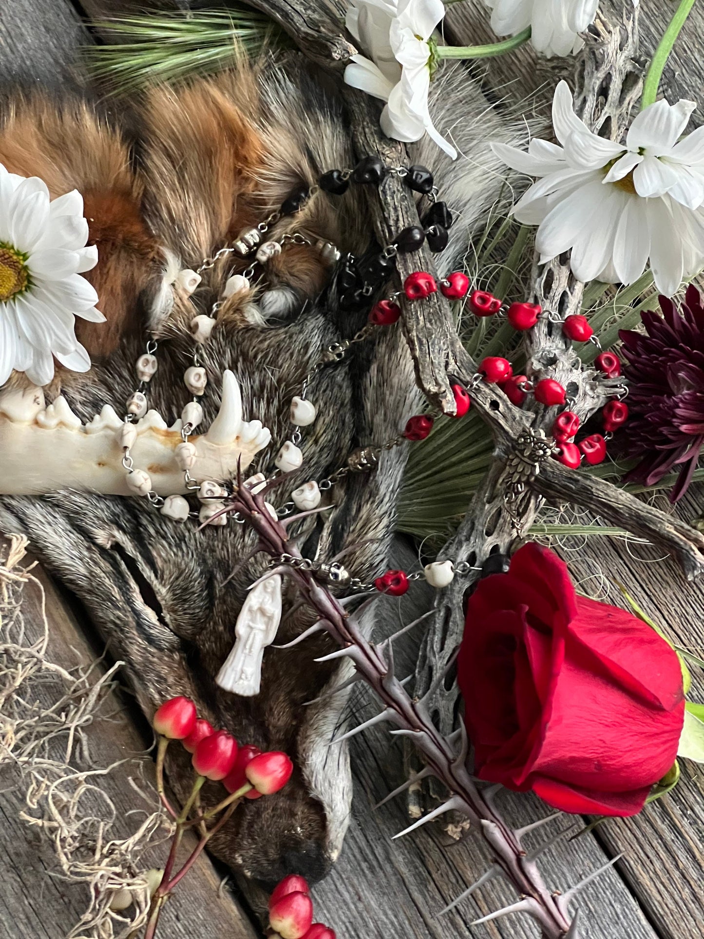 Santa Muerte Blanca Rosary + Three Robes + Sterling Silver Plated Chain + Traditional Colors + Blessed + Rosario