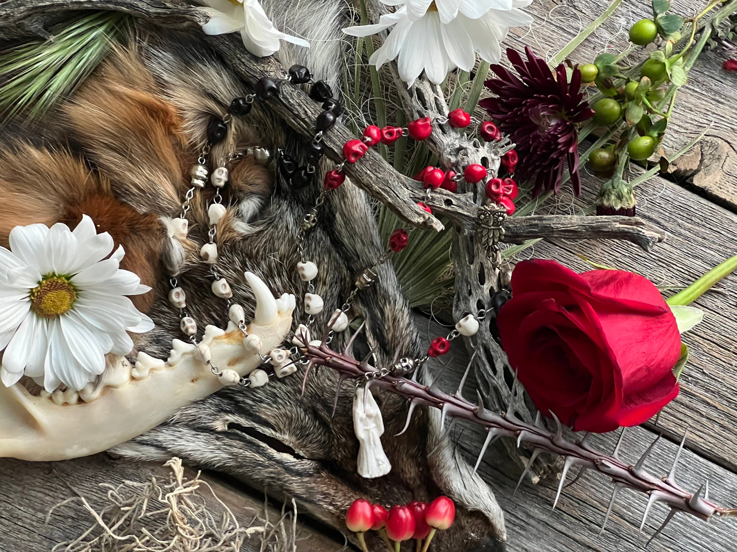 Santa Muerte Blanca Rosary + Three Robes + Sterling Silver Plated Chain + Traditional Colors + Blessed + Rosario