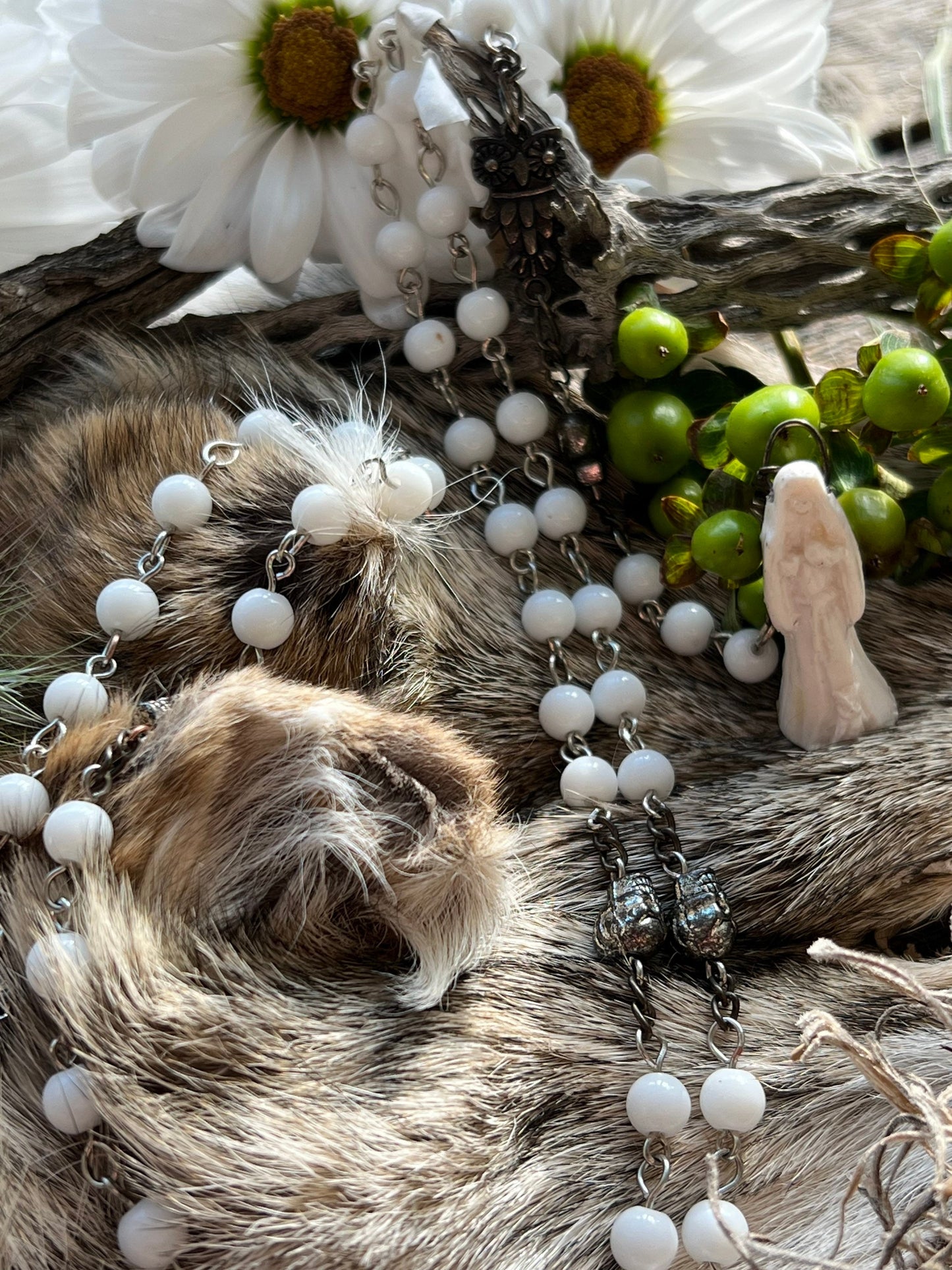 Santa Muerte Blanca Rosary + Sterling Silver Plated Chain + Gemstone + Handcrafted + Rosario
