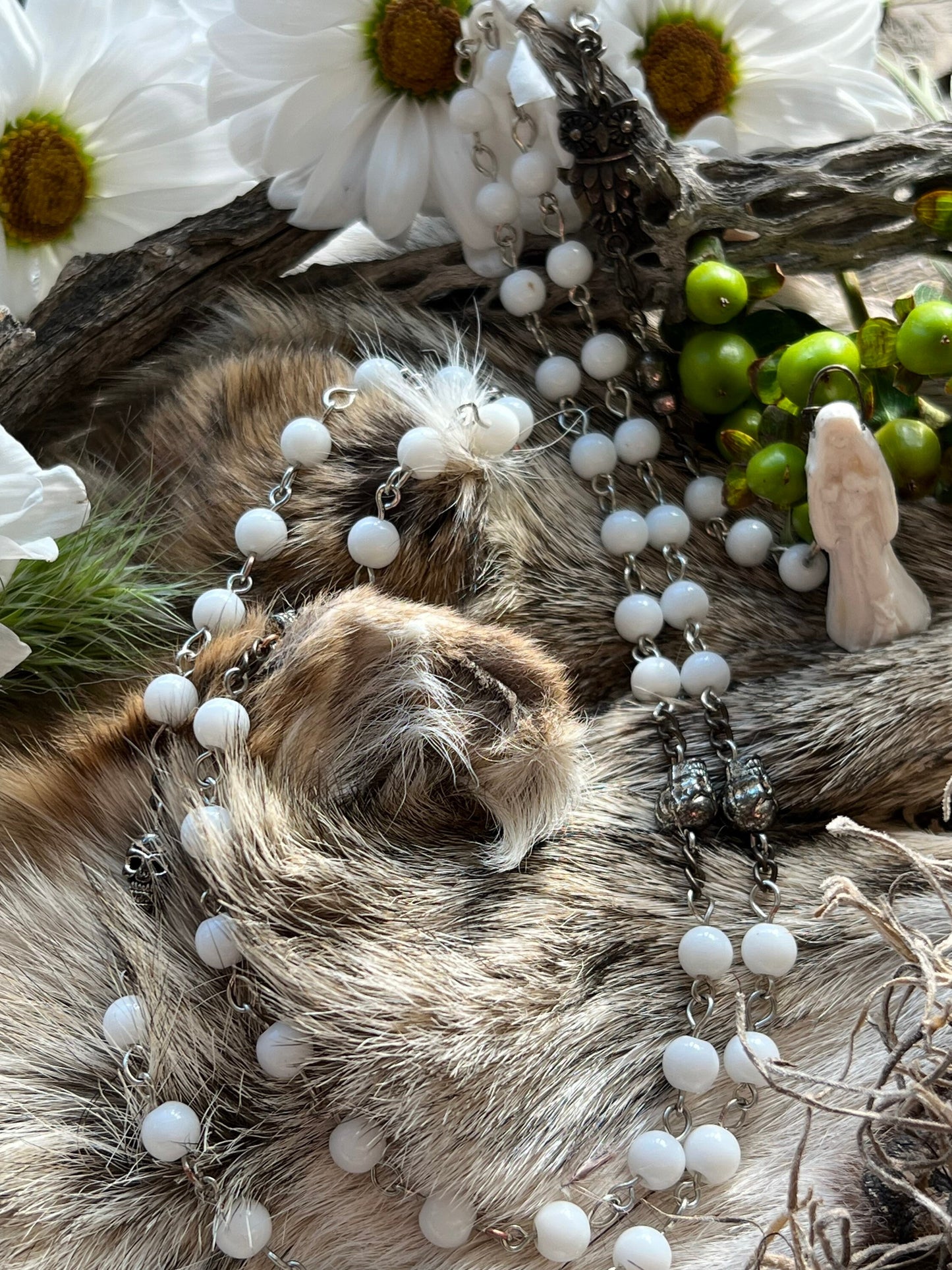Santa Muerte Blanca Rosary + Sterling Silver Plated Chain + Gemstone + Handcrafted + Rosario