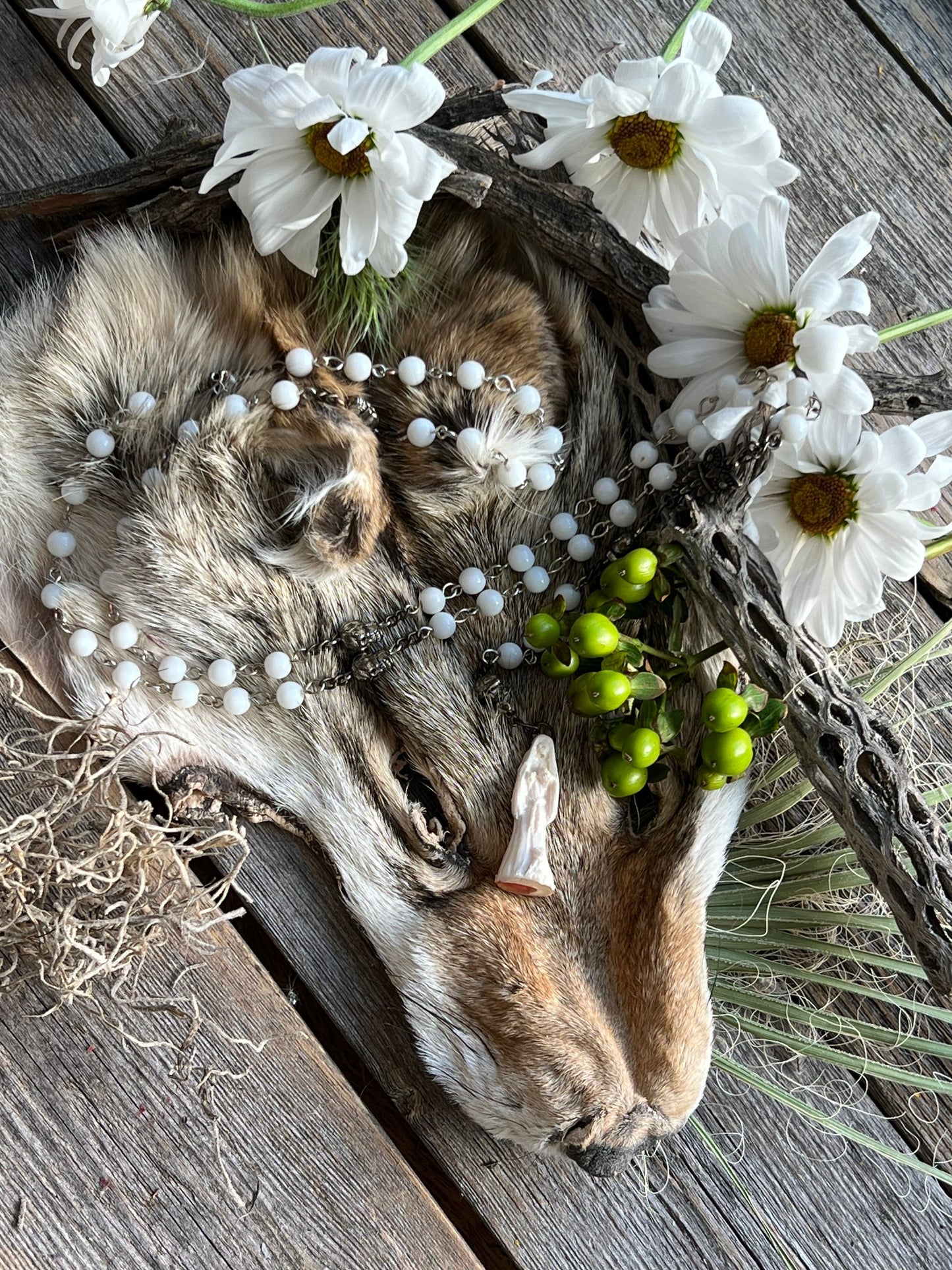 Santa Muerte Blanca Rosary + Sterling Silver Plated Chain + Gemstone + Handcrafted + Rosario