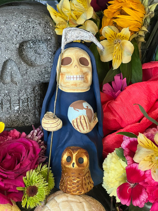 Santa Muerte Azul Statue + Blue + Mictecacihuatl + Mictlantecihuatl + Traditionally Handcrafted from Mexican Clay + One of a Kind