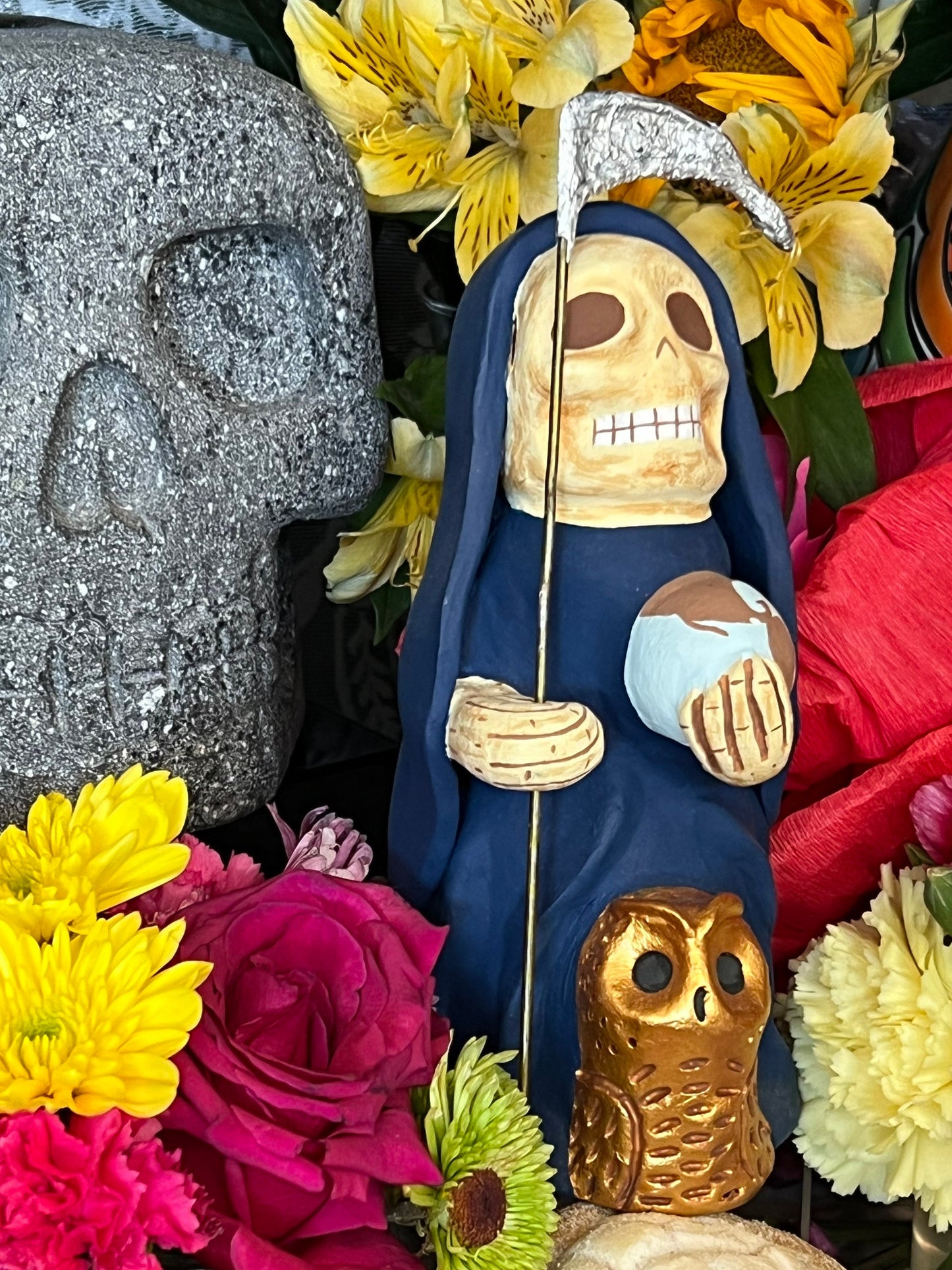 Santa Muerte Azul Statue + Blue + Mictecacihuatl + Mictlantecihuatl + Traditionally Handcrafted from Mexican Clay + One of a Kind