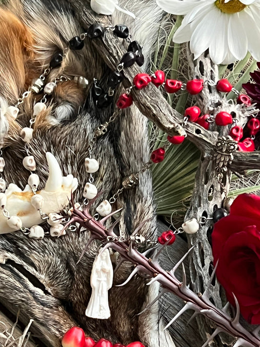 Santa Muerte Blanca Rosary + Three Robes + Sterling Silver Plated Chain + Traditional Colors + Blessed + Rosario